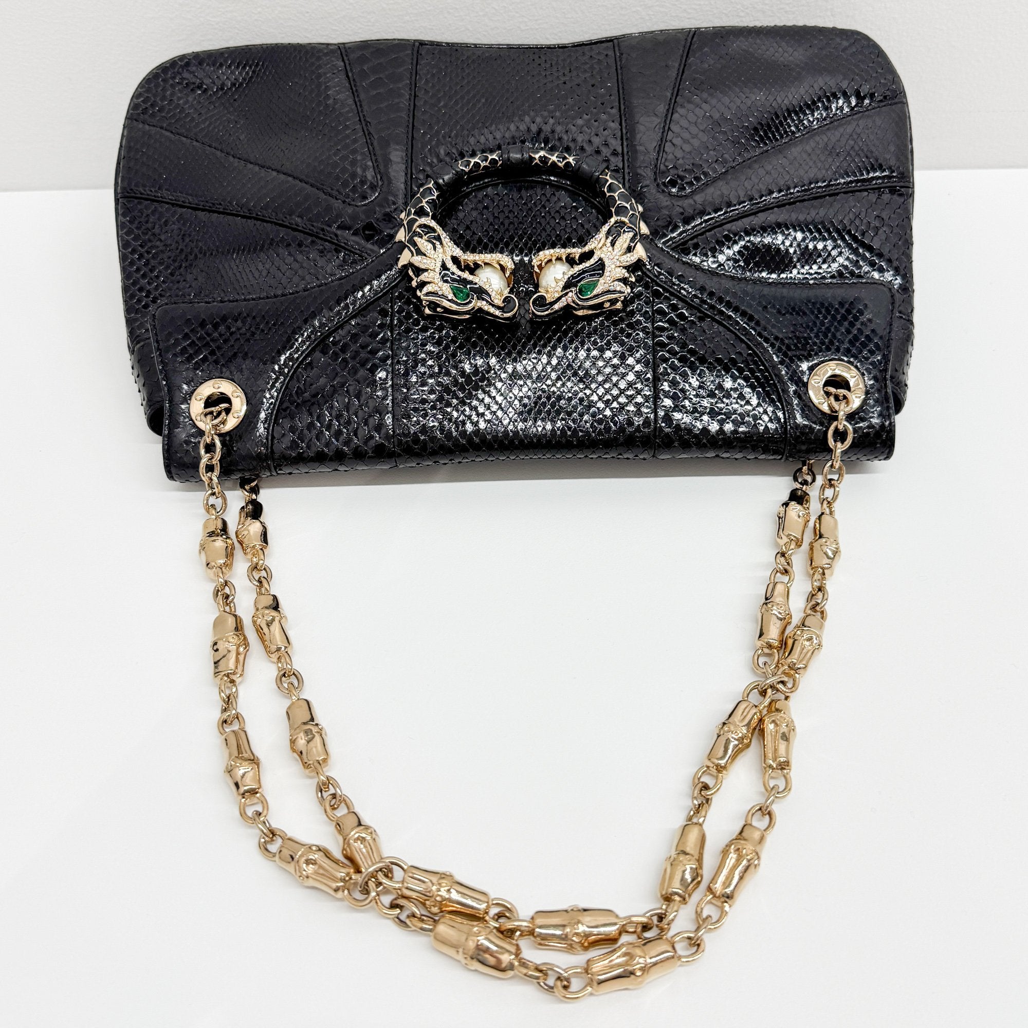Rhinestone Dragon Black Python Embossed Leather Shoulder Bag