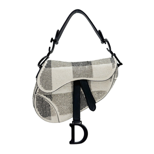 Mini Saddle Rhinestone Beige Leather Hand Bag