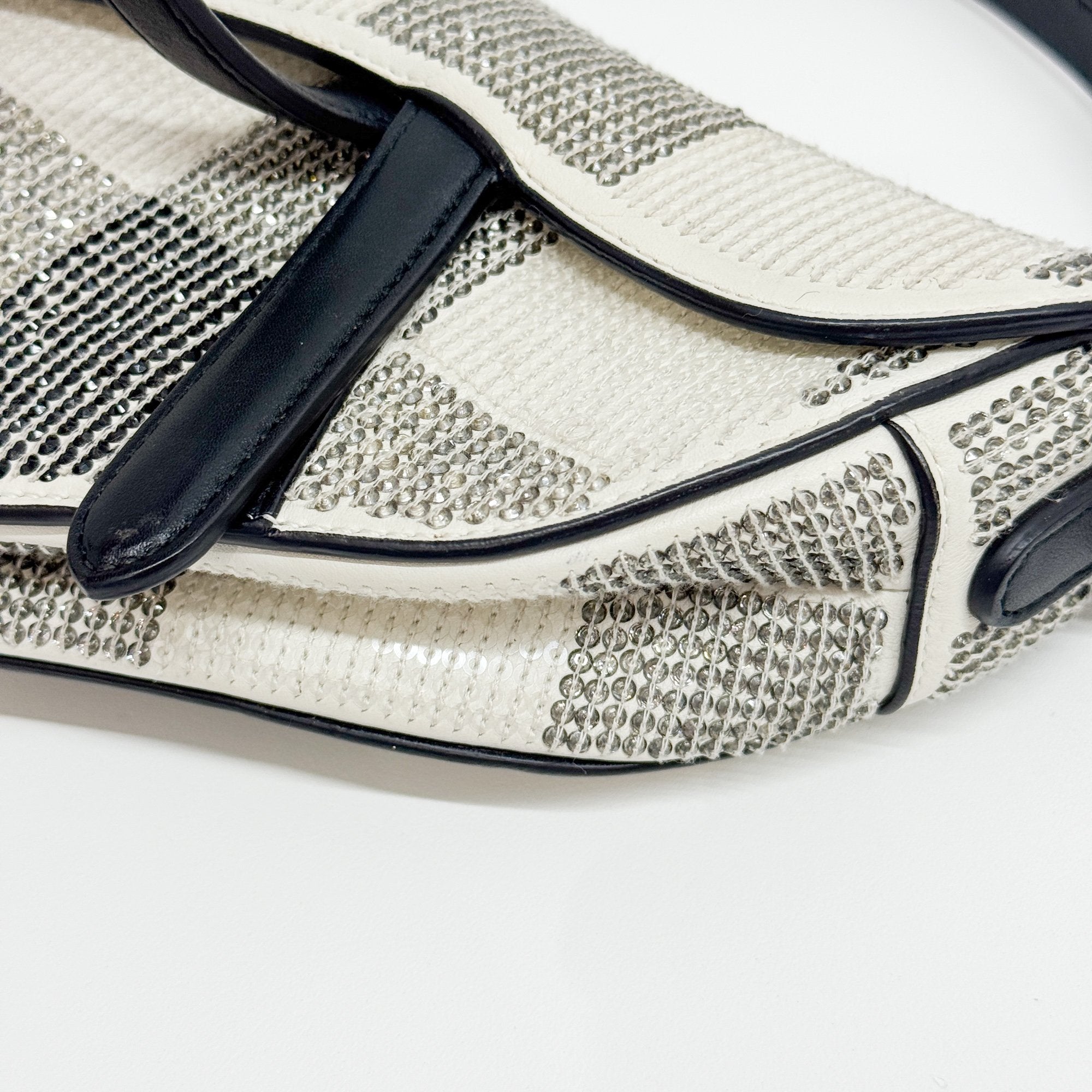 Mini Saddle Rhinestone Beige Leather Hand Bag