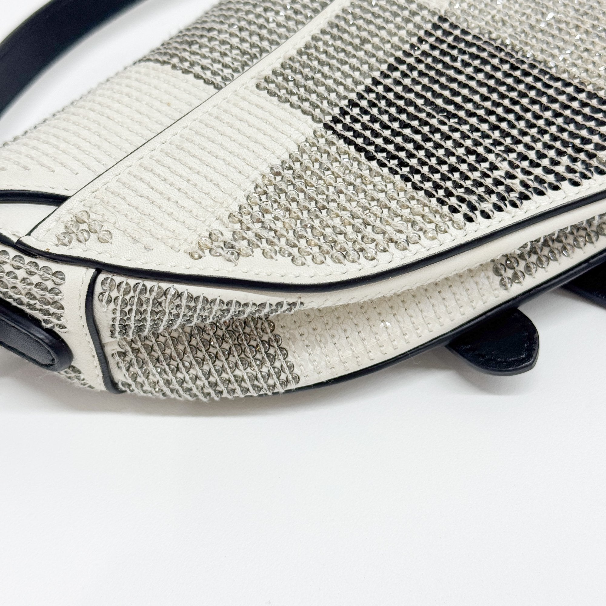 Mini Saddle Rhinestone Beige Leather Hand Bag