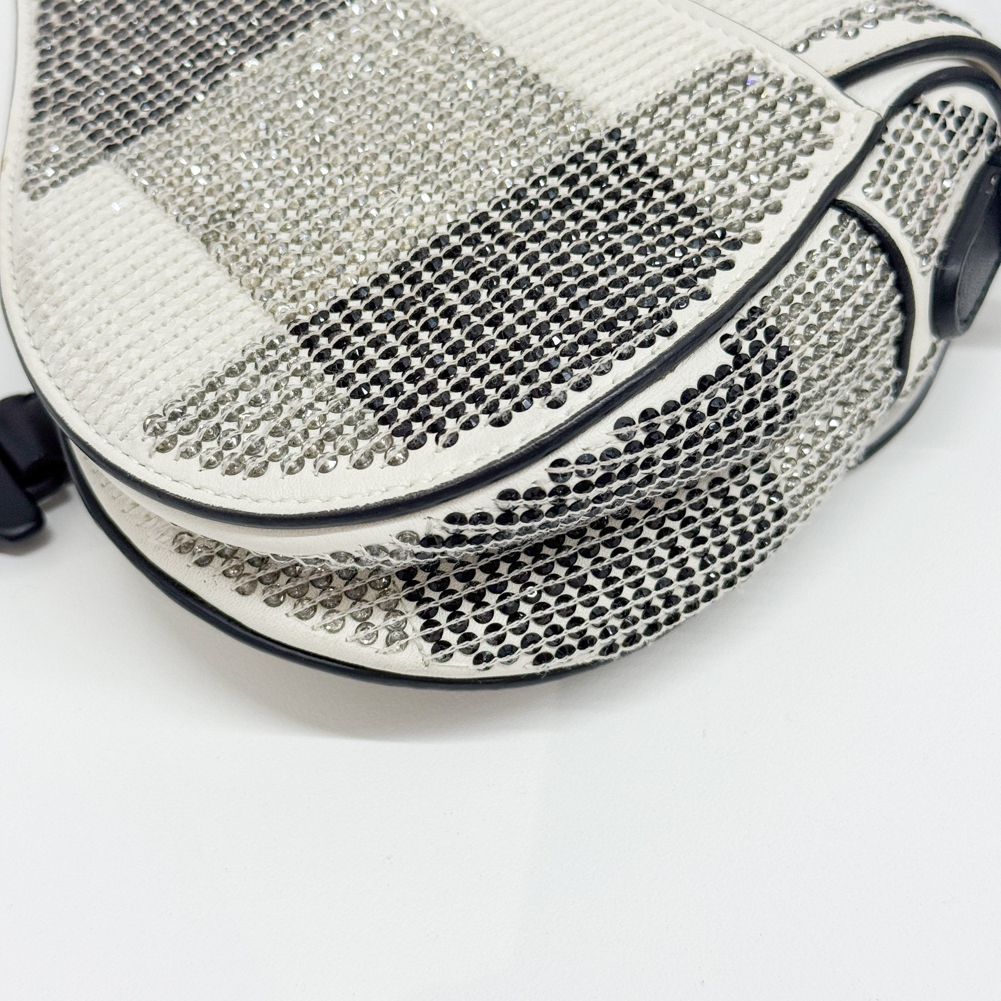 Mini Saddle Rhinestone Beige Leather Hand Bag