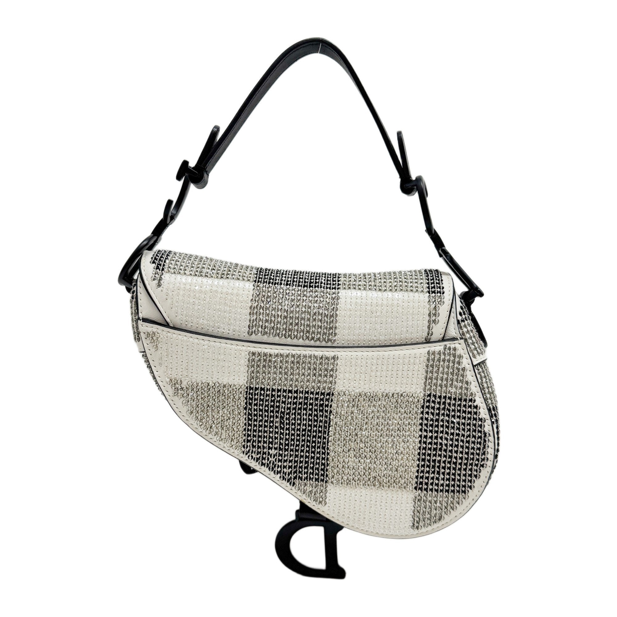 Mini Saddle Rhinestone Beige Leather Hand Bag