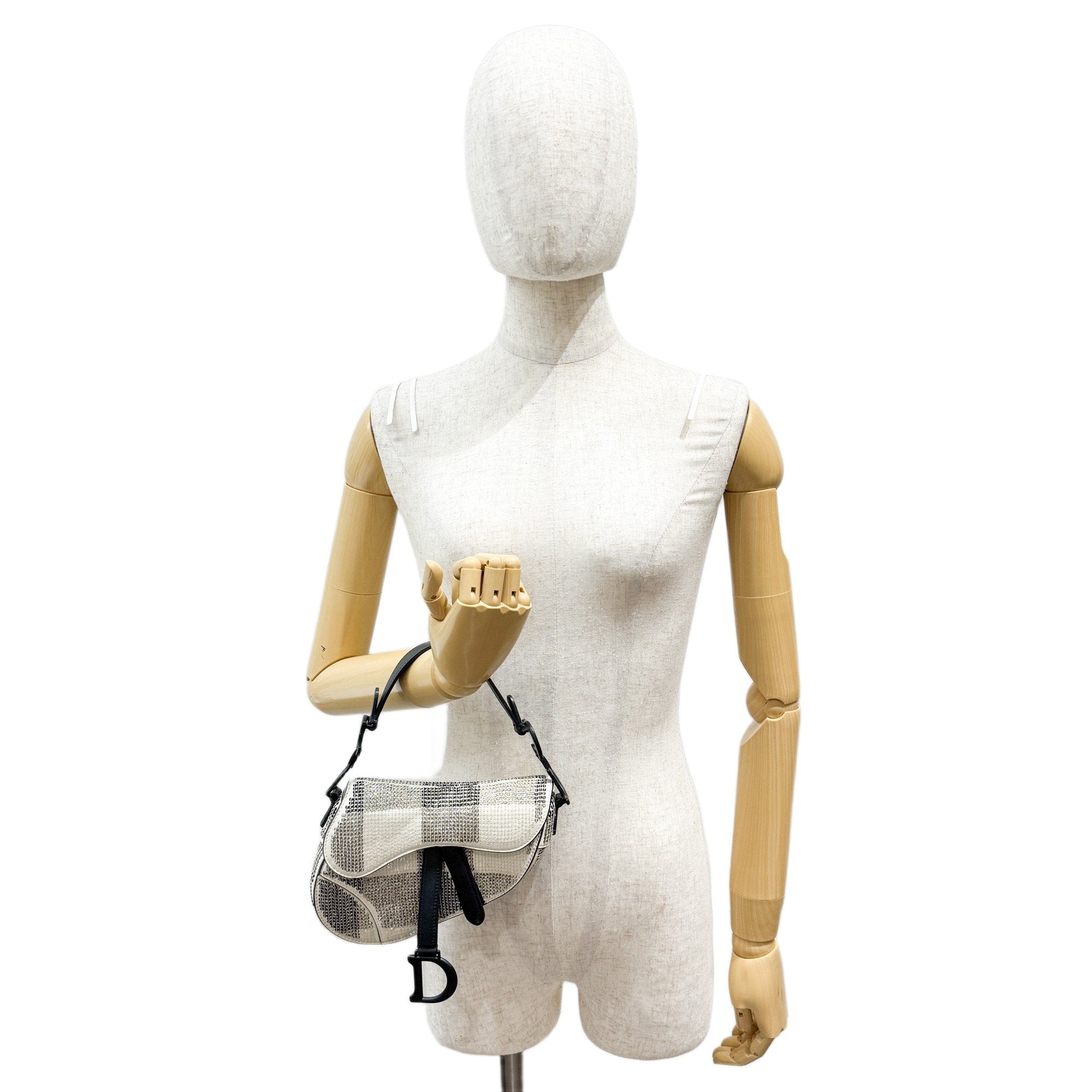 Mini Saddle Rhinestone Beige Leather Hand Bag