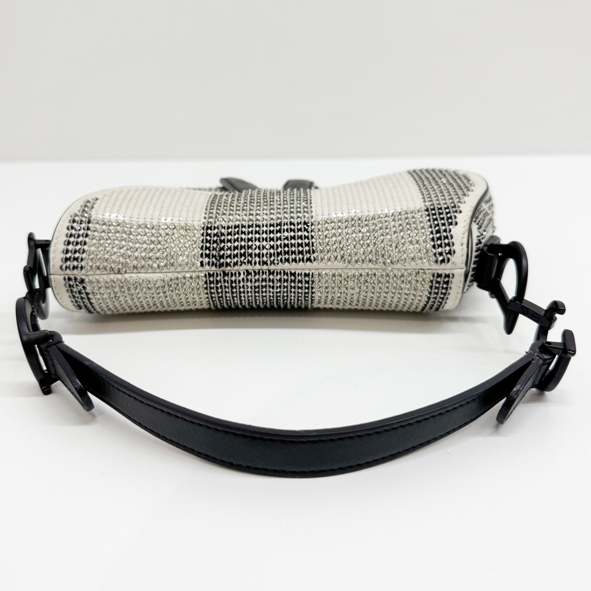 Mini Saddle Rhinestone Beige Leather Hand Bag