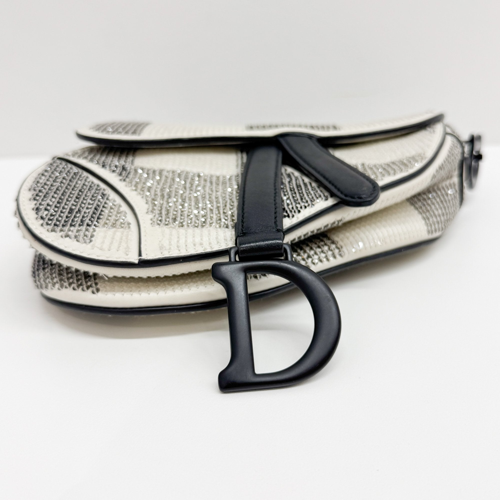 Mini Saddle Rhinestone Beige Leather Hand Bag