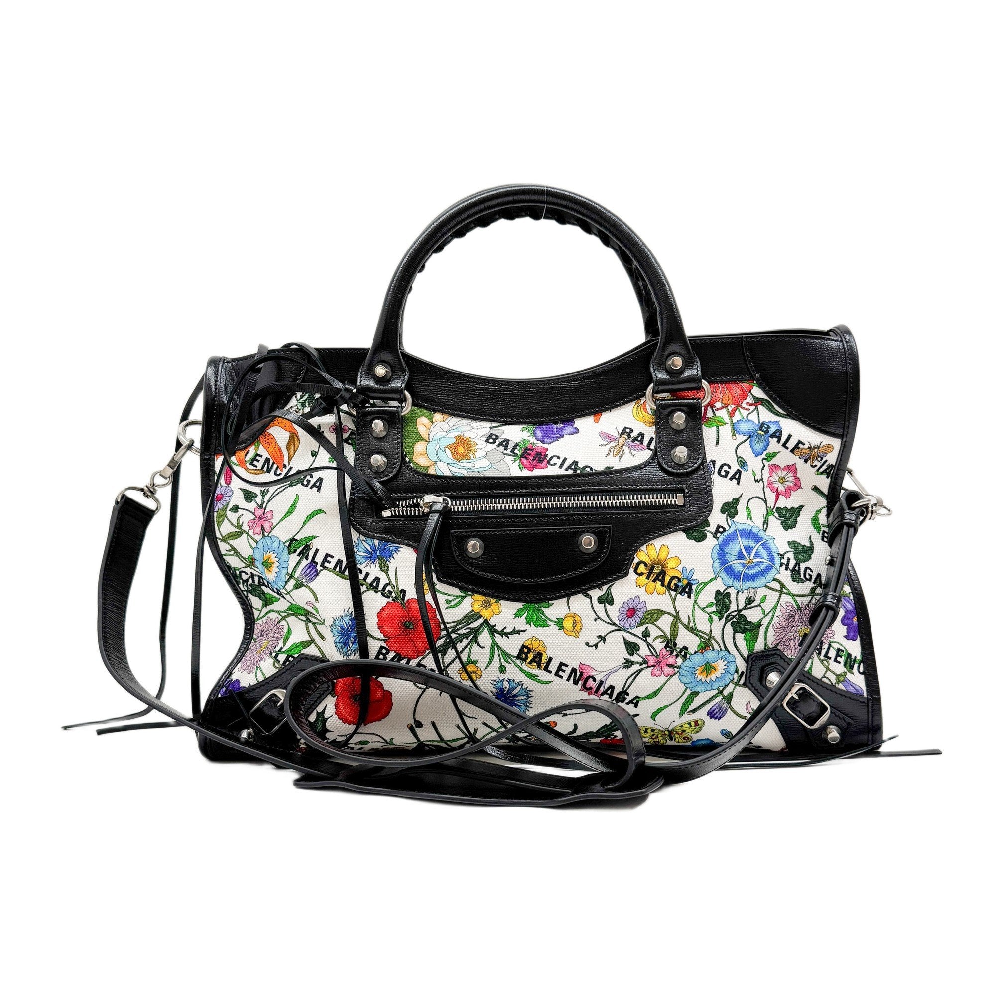 Balenciaga X Gucci Hacker Project The City Multi-Color Floral Canvas Two Way Bag