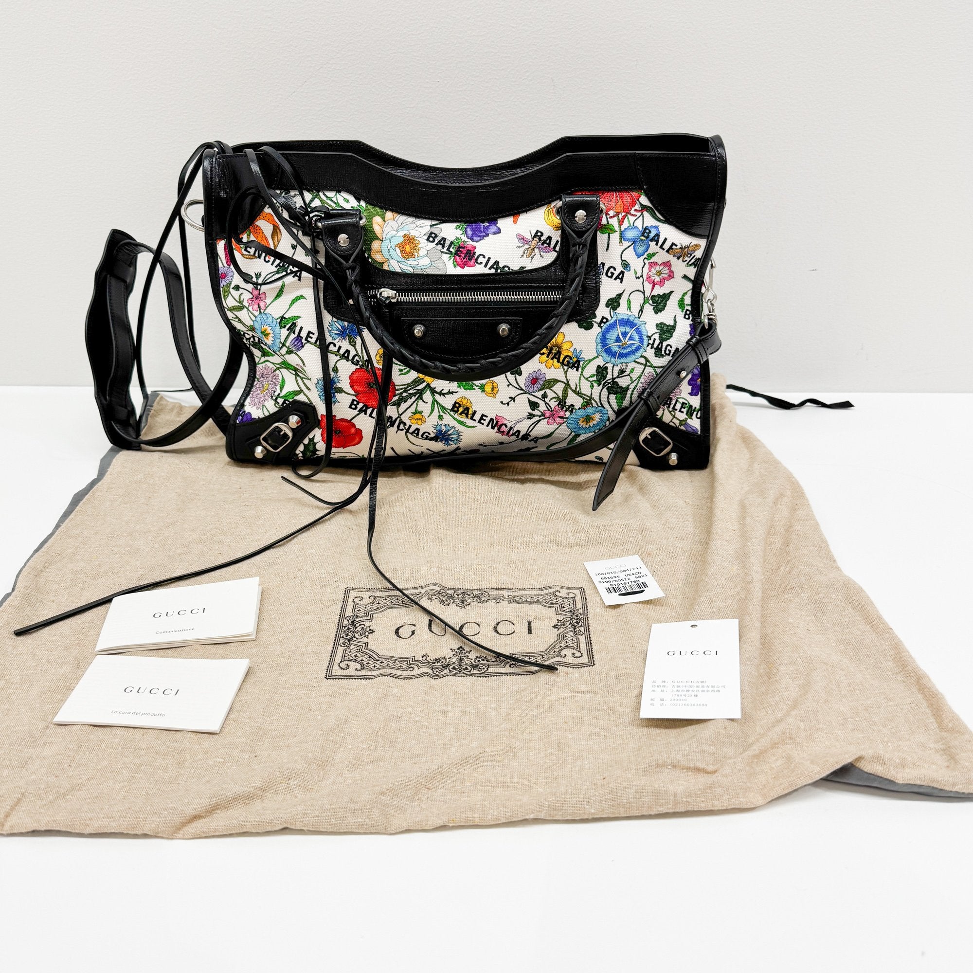 Balenciaga X Gucci Hacker Project The City Multi-Color Floral Canvas Two Way Bag