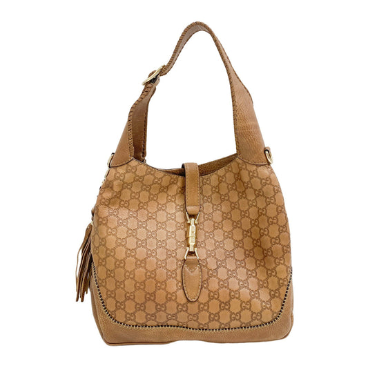 Jackie GG Brown Leather Hobo Bag with Tassels