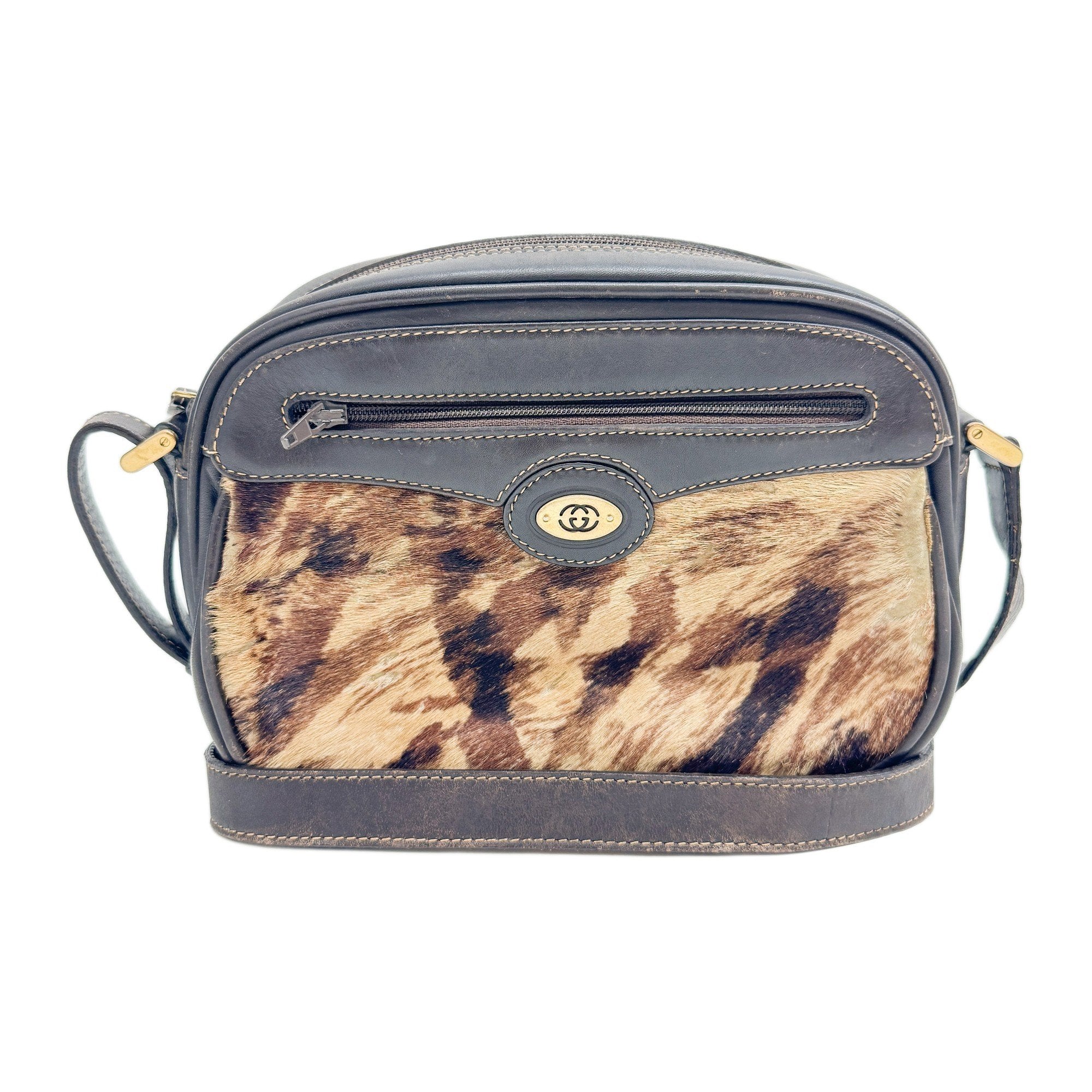 Brown Pony Hair Embossed Leather Shoulder Bag