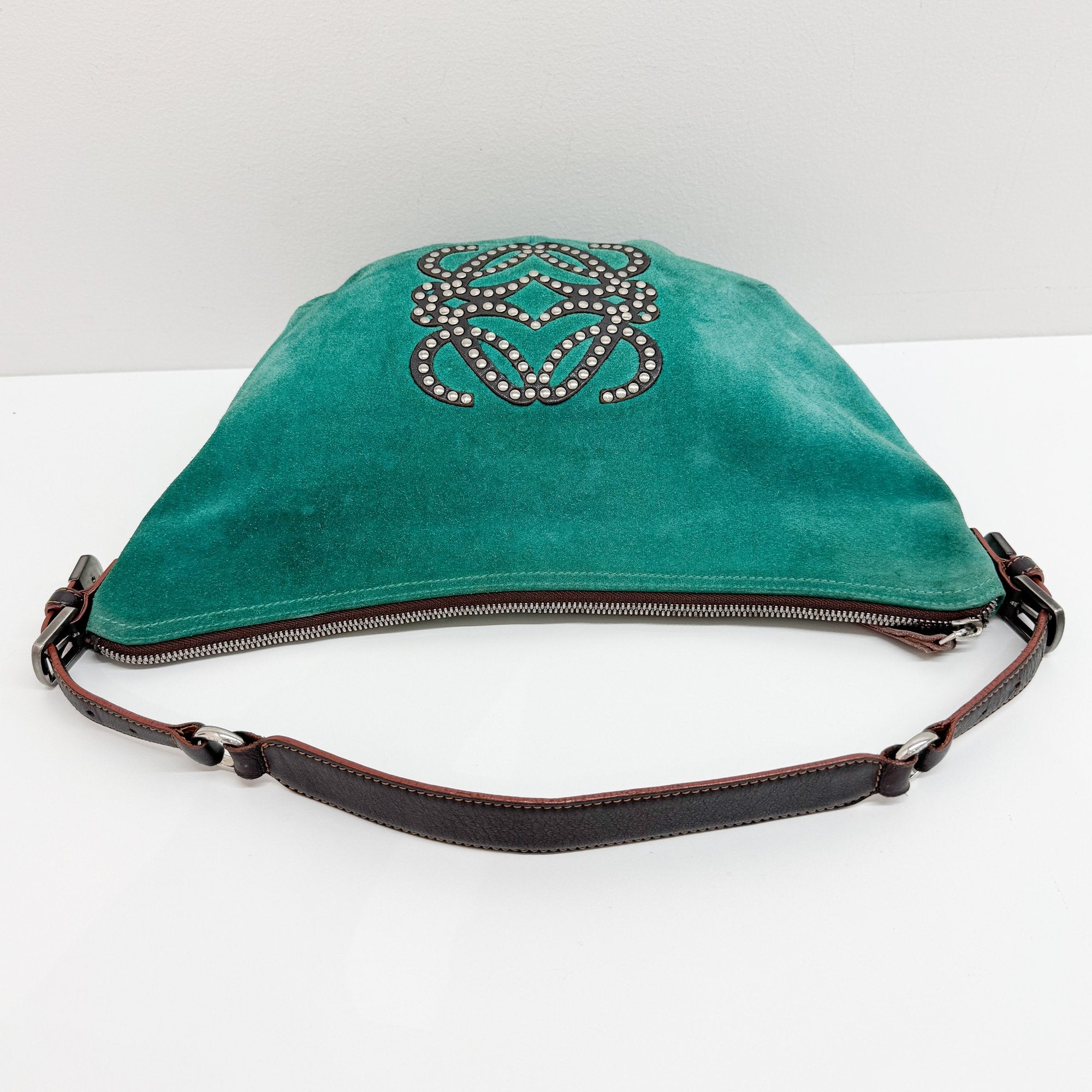 Green Studded Suede Shoulder Bag