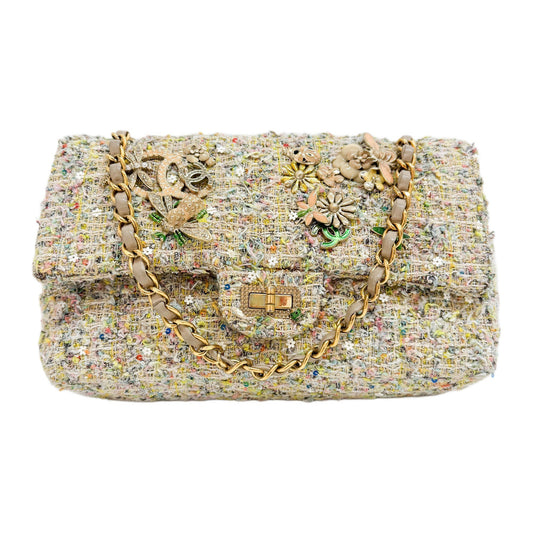 Double Flap Multi-color Floral Embellished Gold Hardware Tweed Shoulder Bag
