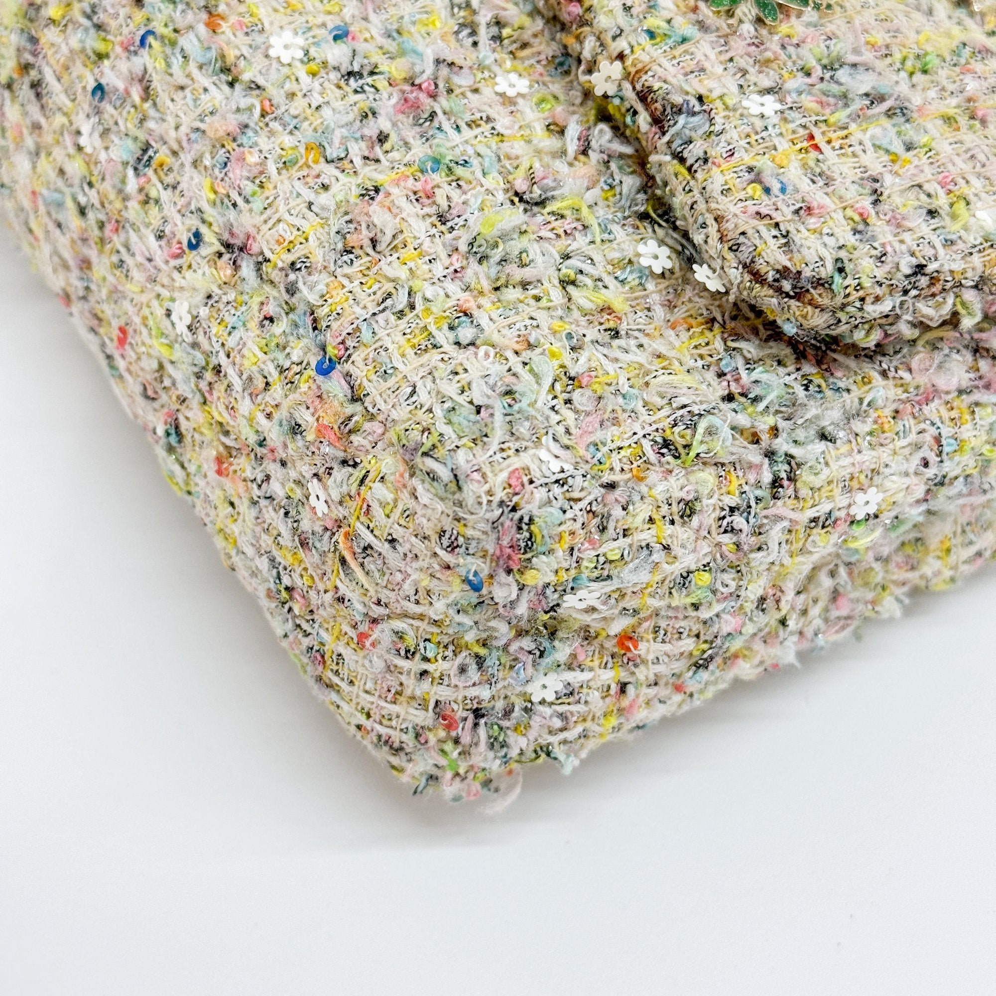 Double Flap Multi-color Floral Embellished Gold Hardware Tweed Shoulder Bag