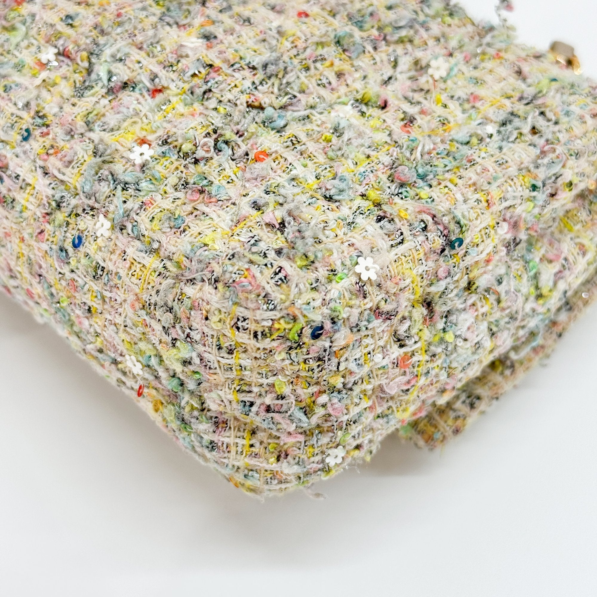 Double Flap Multi-color Floral Embellished Gold Hardware Tweed Shoulder Bag