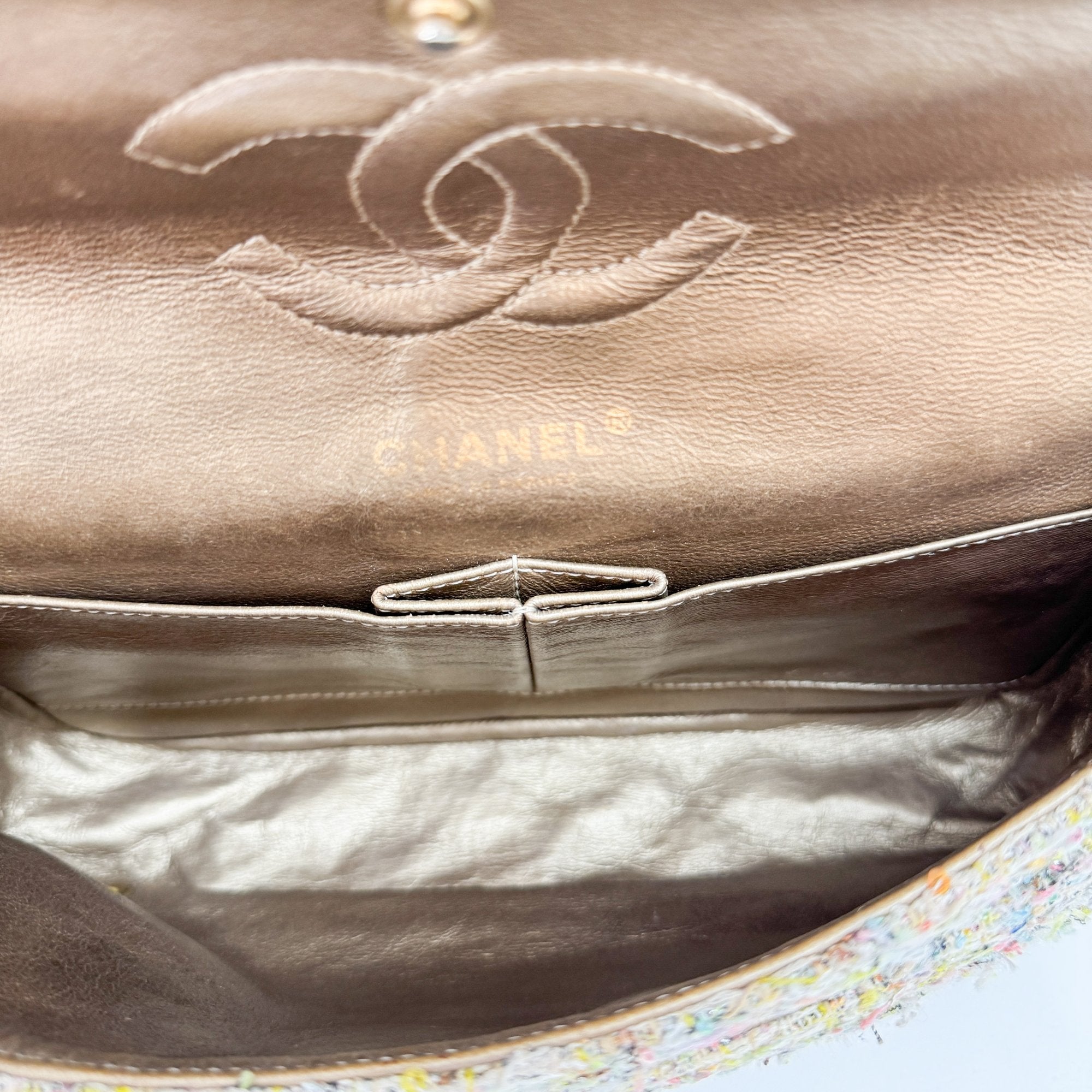 Double Flap Multi-color Floral Embellished Gold Hardware Tweed Shoulder Bag