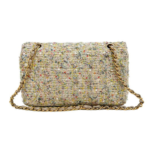 Double Flap Multi-color Floral Embellished Gold Hardware Tweed Shoulder Bag