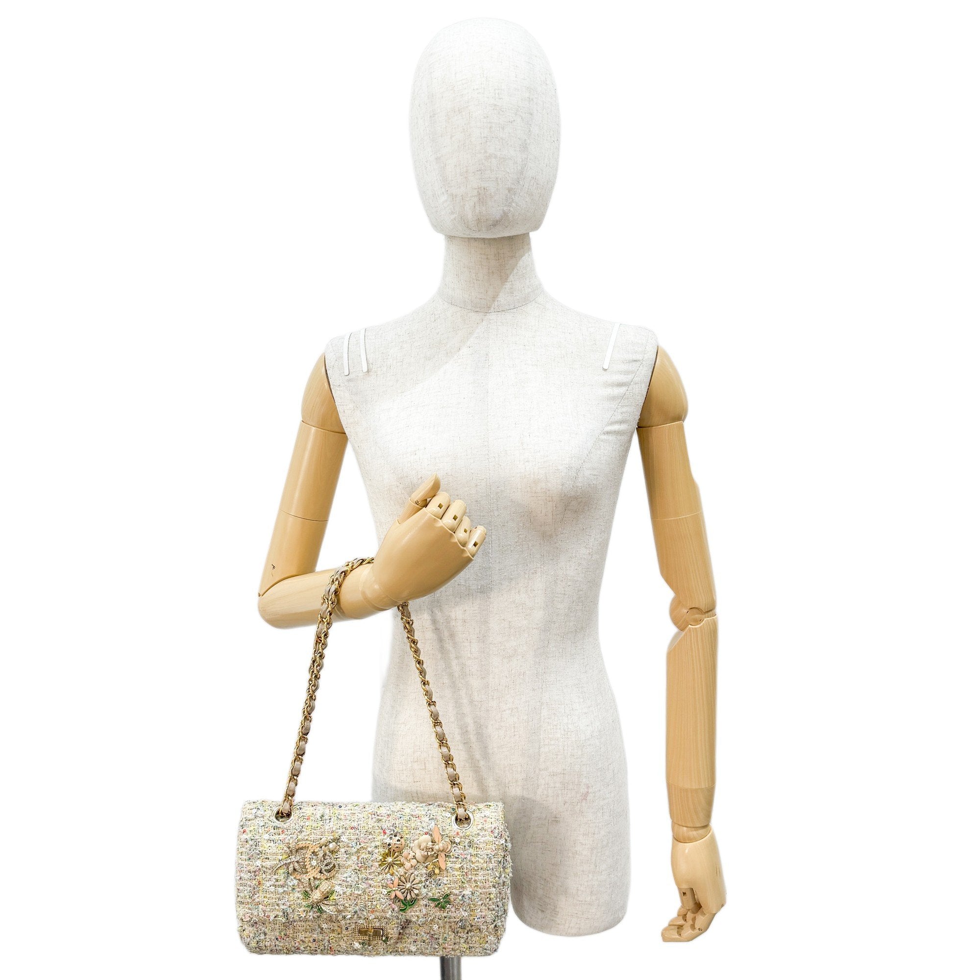 Double Flap Multi-color Floral Embellished Gold Hardware Tweed Shoulder Bag