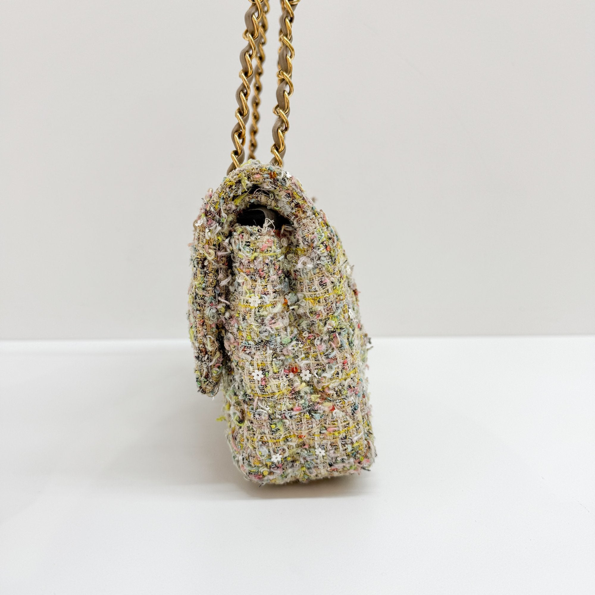 Double Flap Multi-color Floral Embellished Gold Hardware Tweed Shoulder Bag