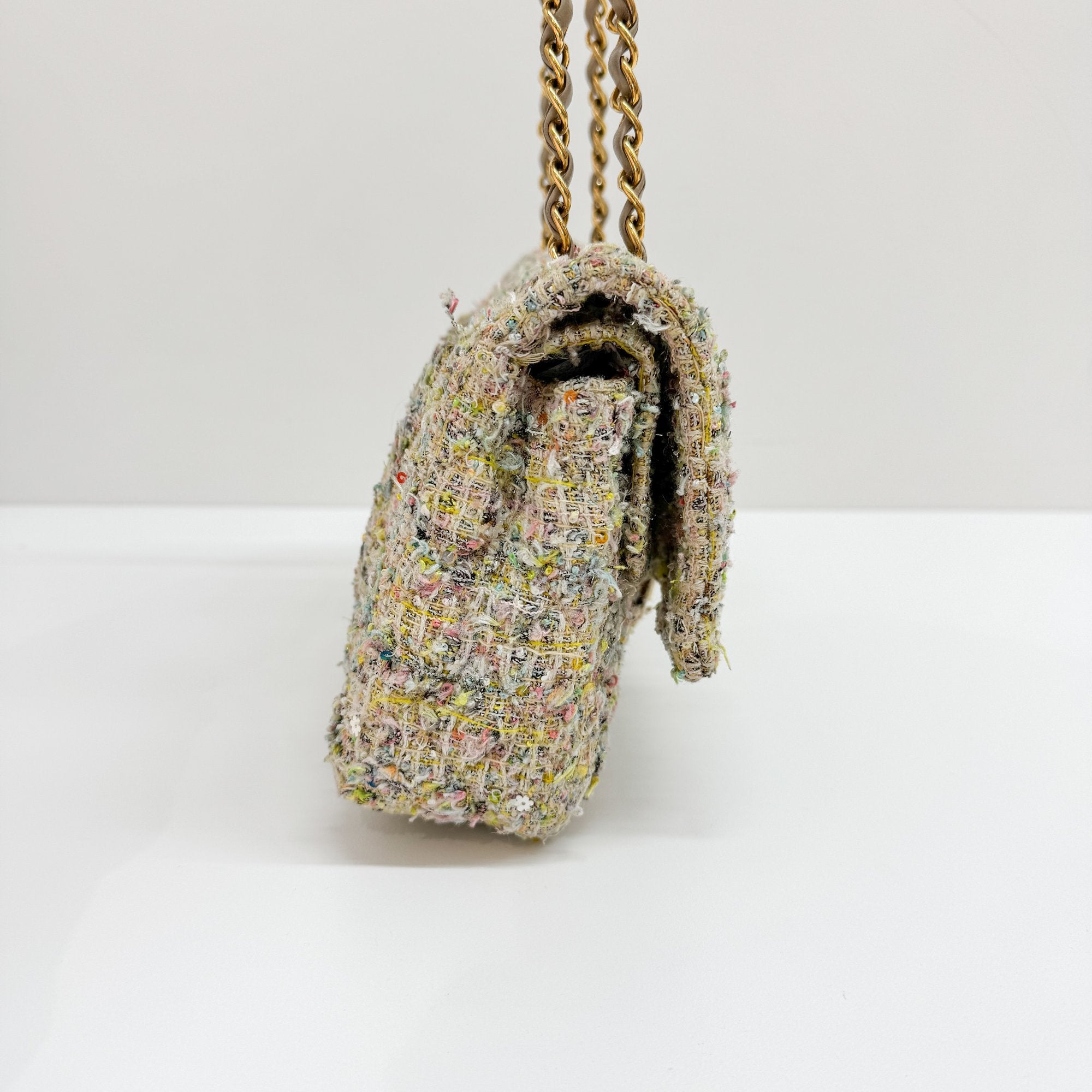 Double Flap Multi-color Floral Embellished Gold Hardware Tweed Shoulder Bag