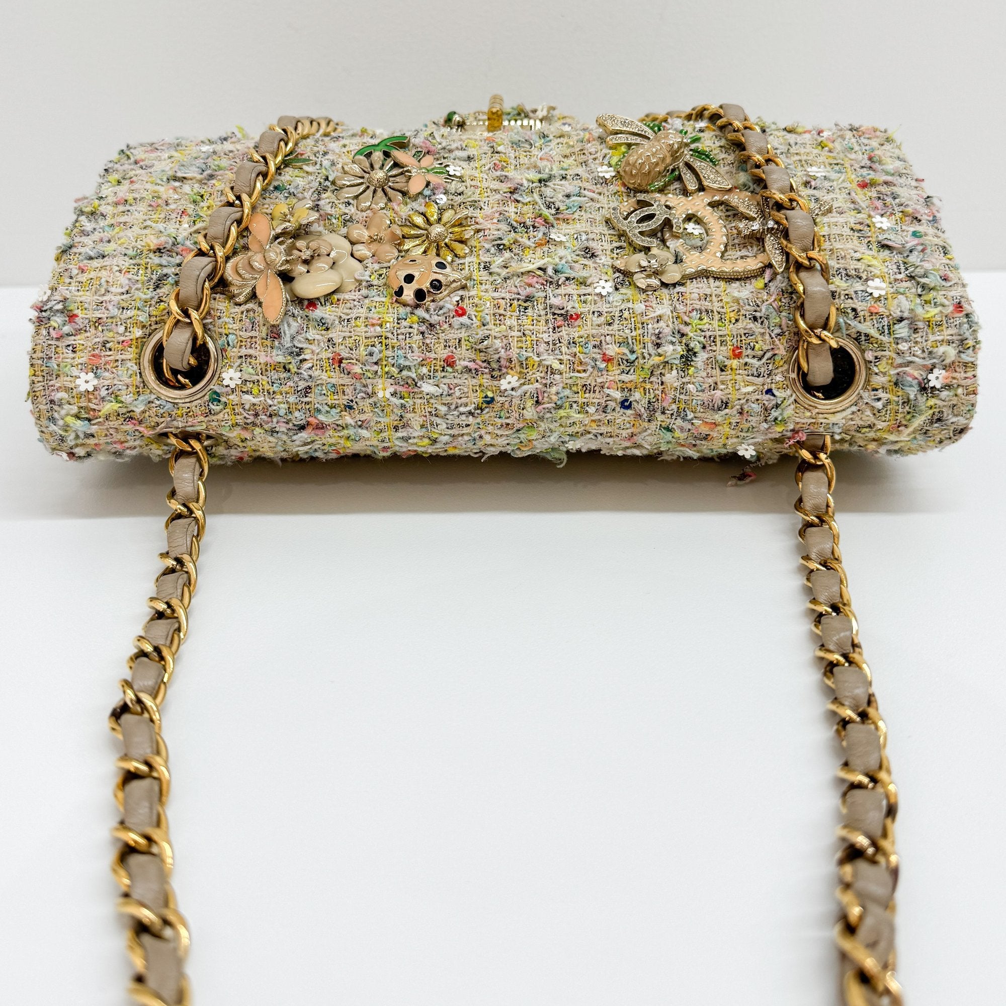 Double Flap Multi-color Floral Embellished Gold Hardware Tweed Shoulder Bag