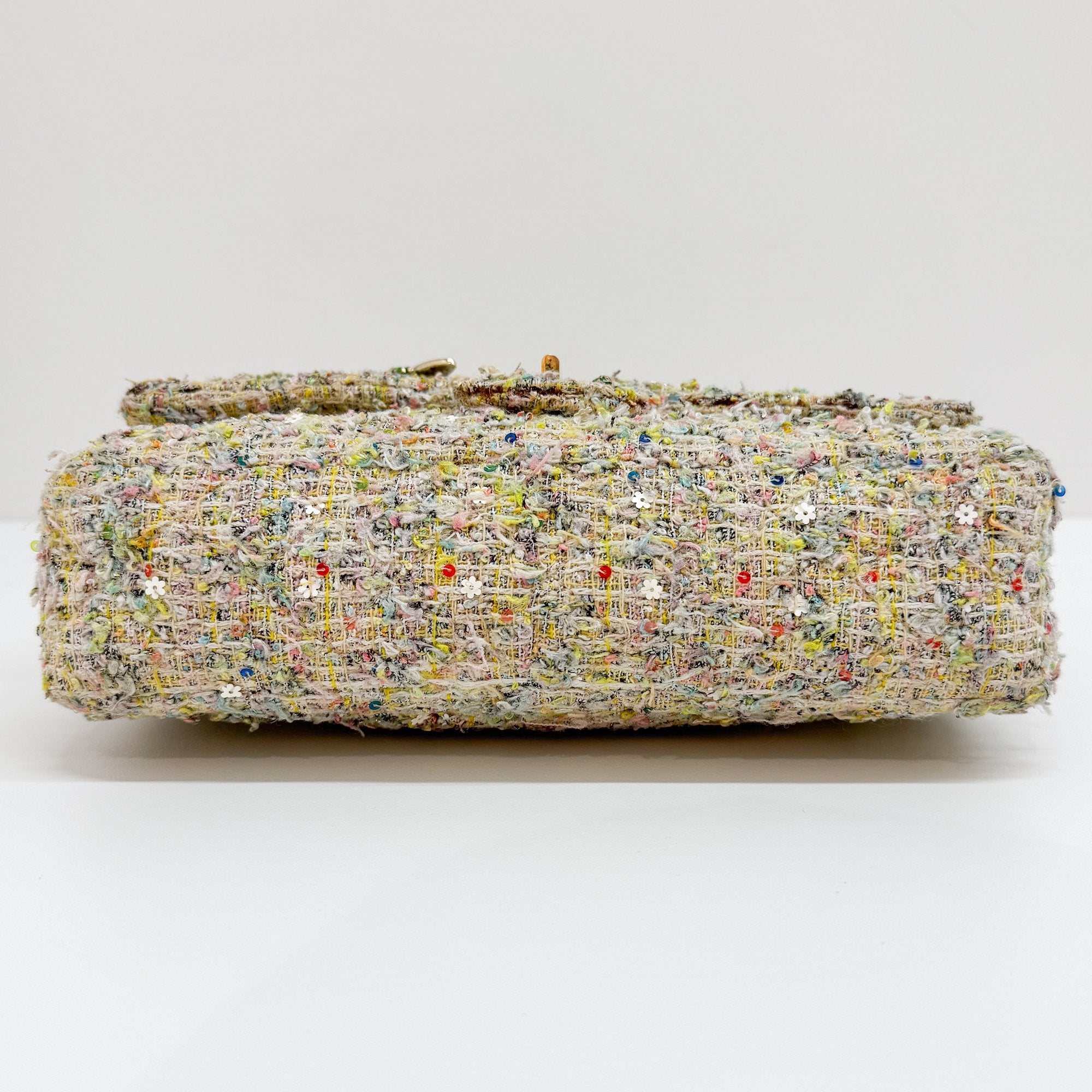 Double Flap Multi-color Floral Embellished Gold Hardware Tweed Shoulder Bag