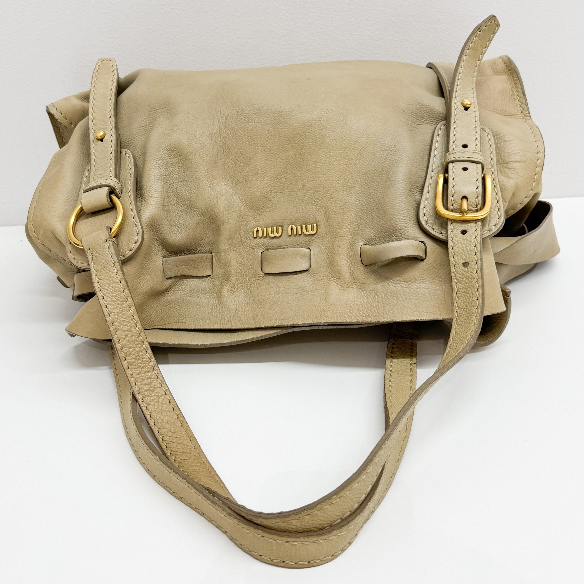 Bow Bag Beige Leather Shoulder Bag