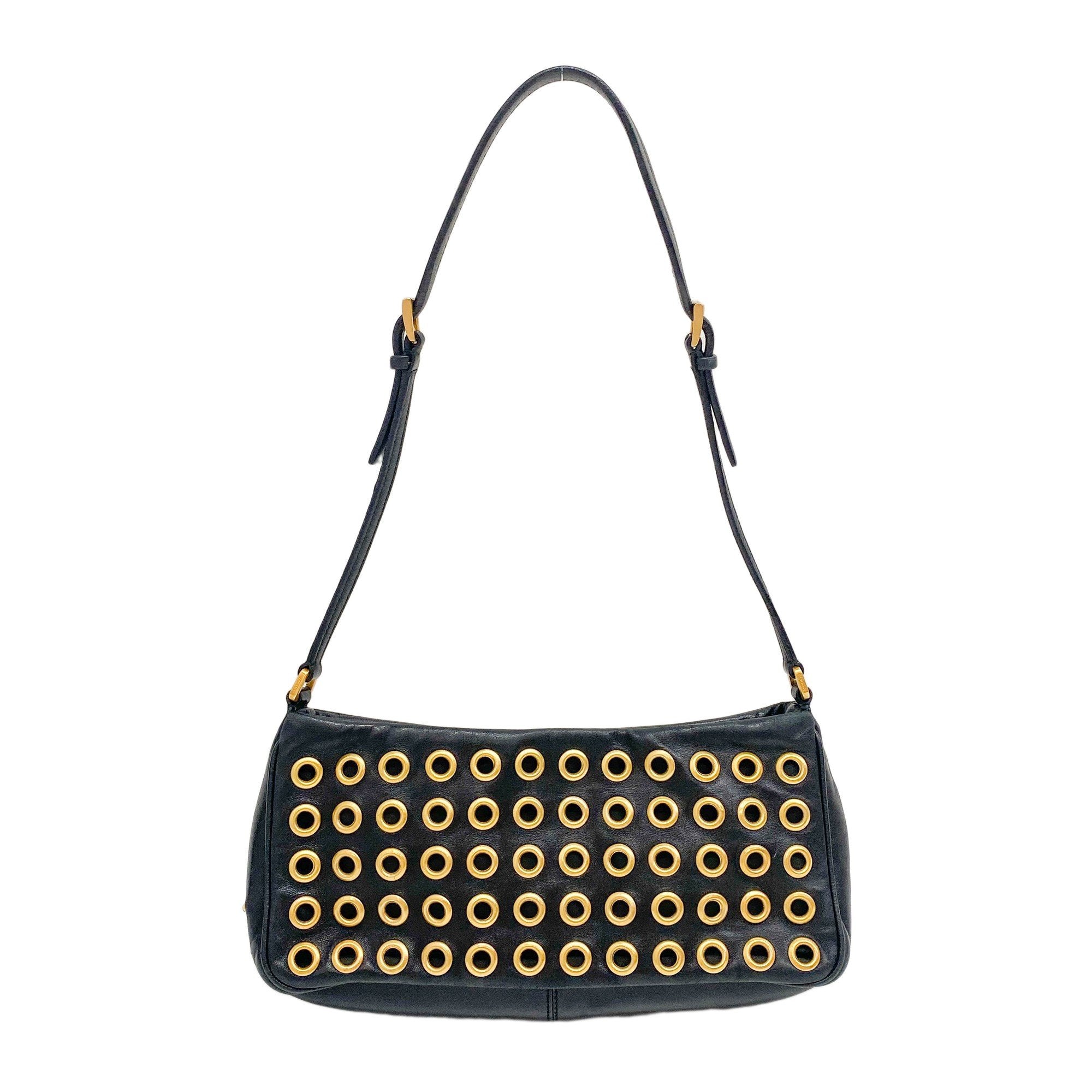 Eyelet Studs Black Leather Shoulder Bag