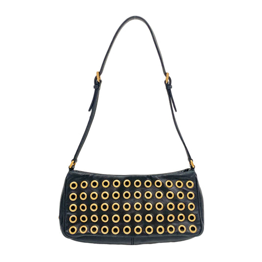 Eyelet Studs Black Leather Shoulder Bag