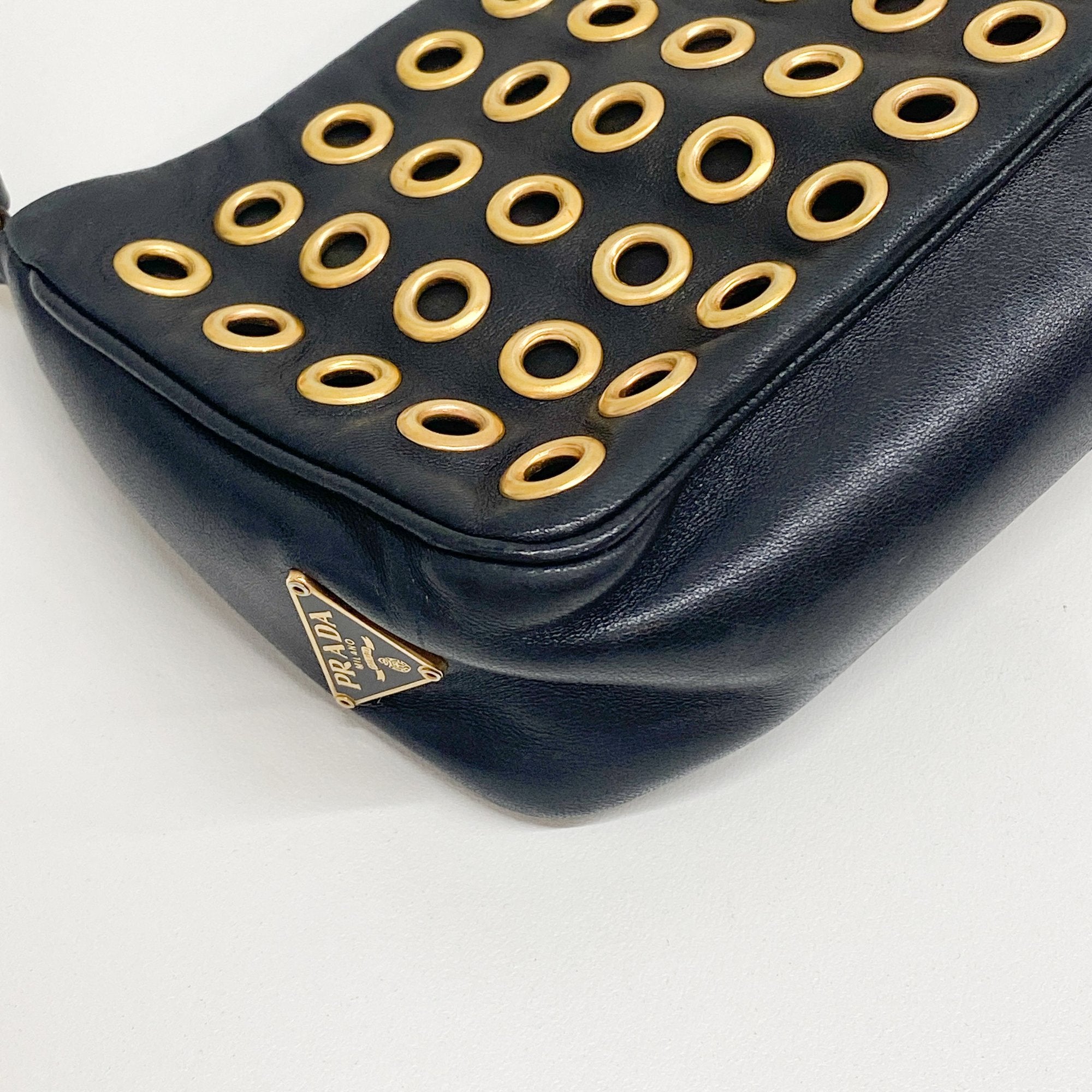 Eyelet Studs Black Leather Shoulder Bag