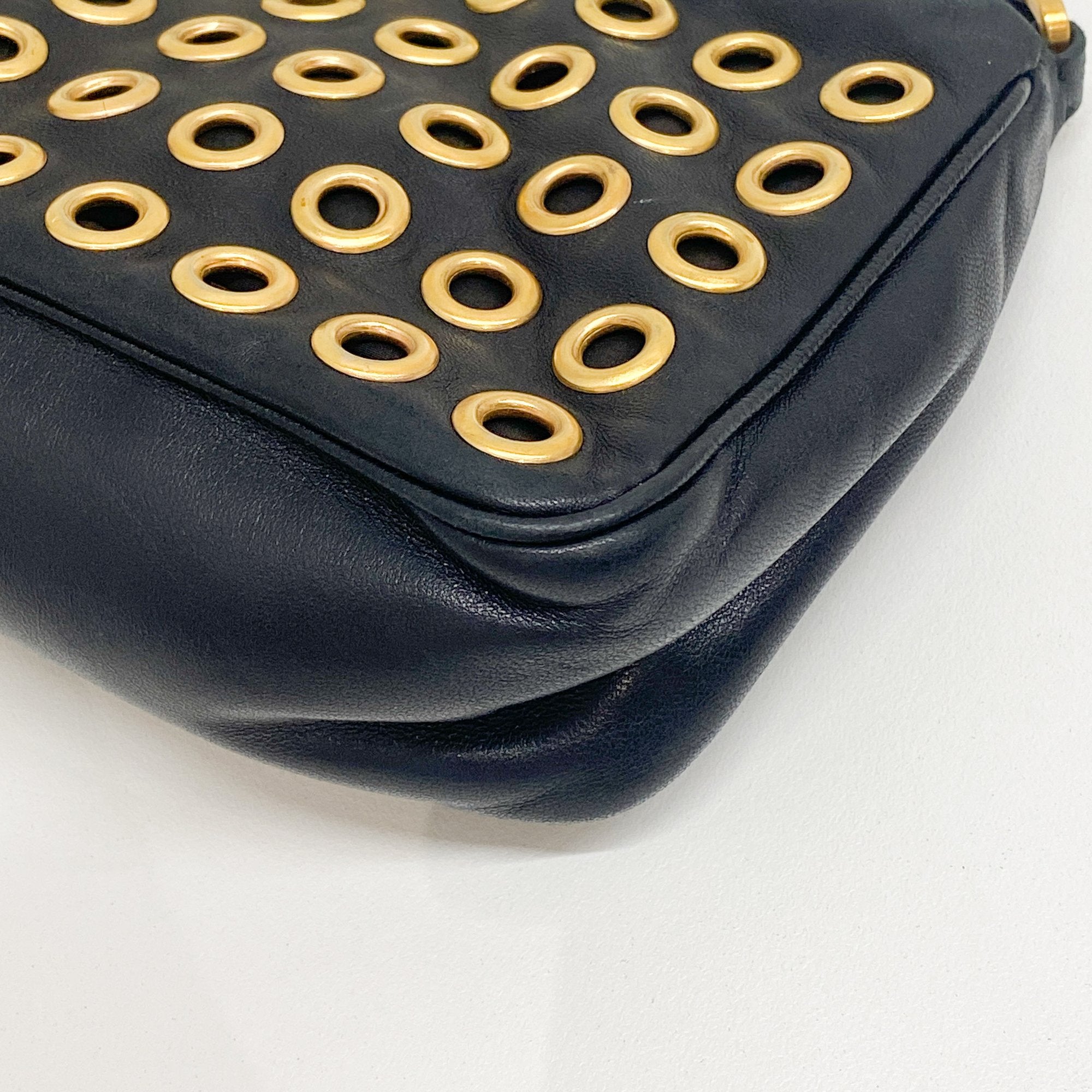 Eyelet Studs Black Leather Shoulder Bag