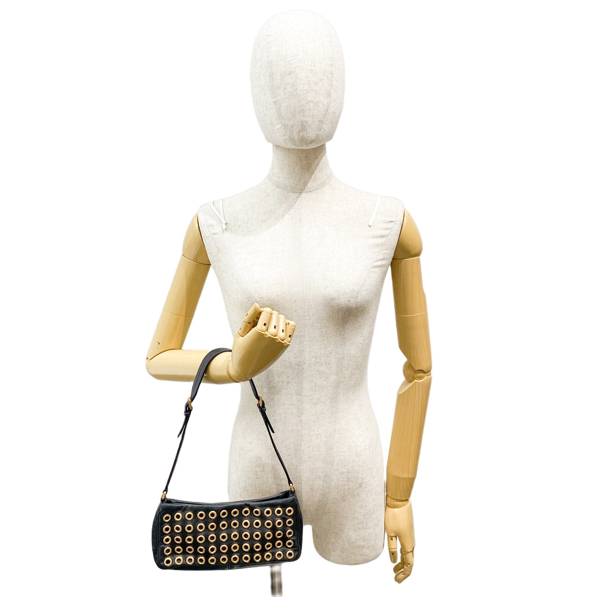 Eyelet Studs Black Leather Shoulder Bag