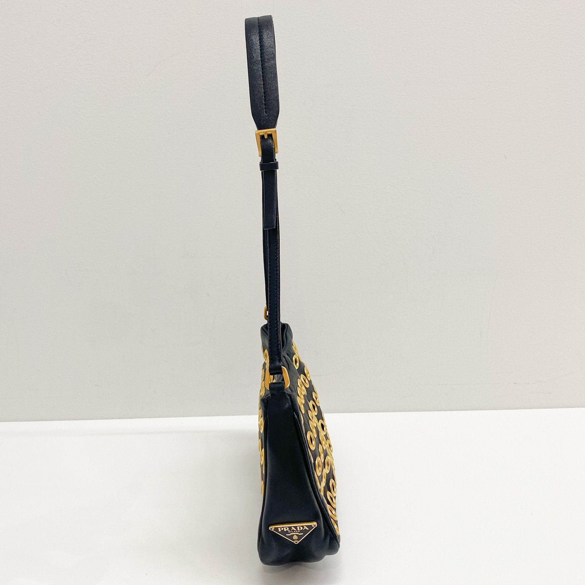 Eyelet Studs Black Leather Shoulder Bag