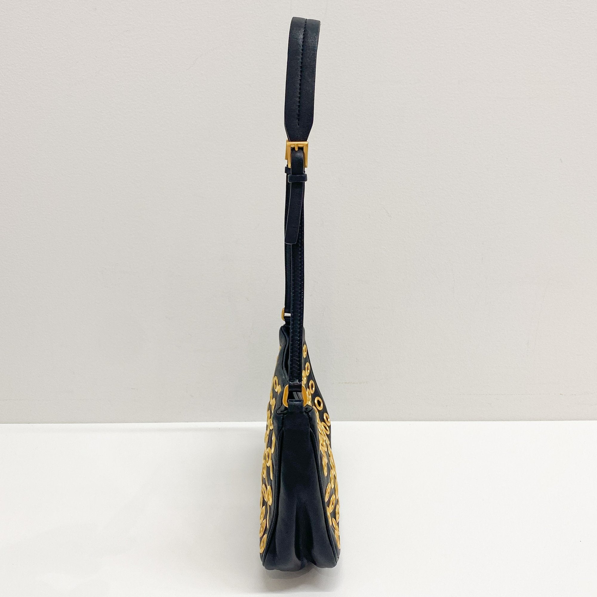 Eyelet Studs Black Leather Shoulder Bag