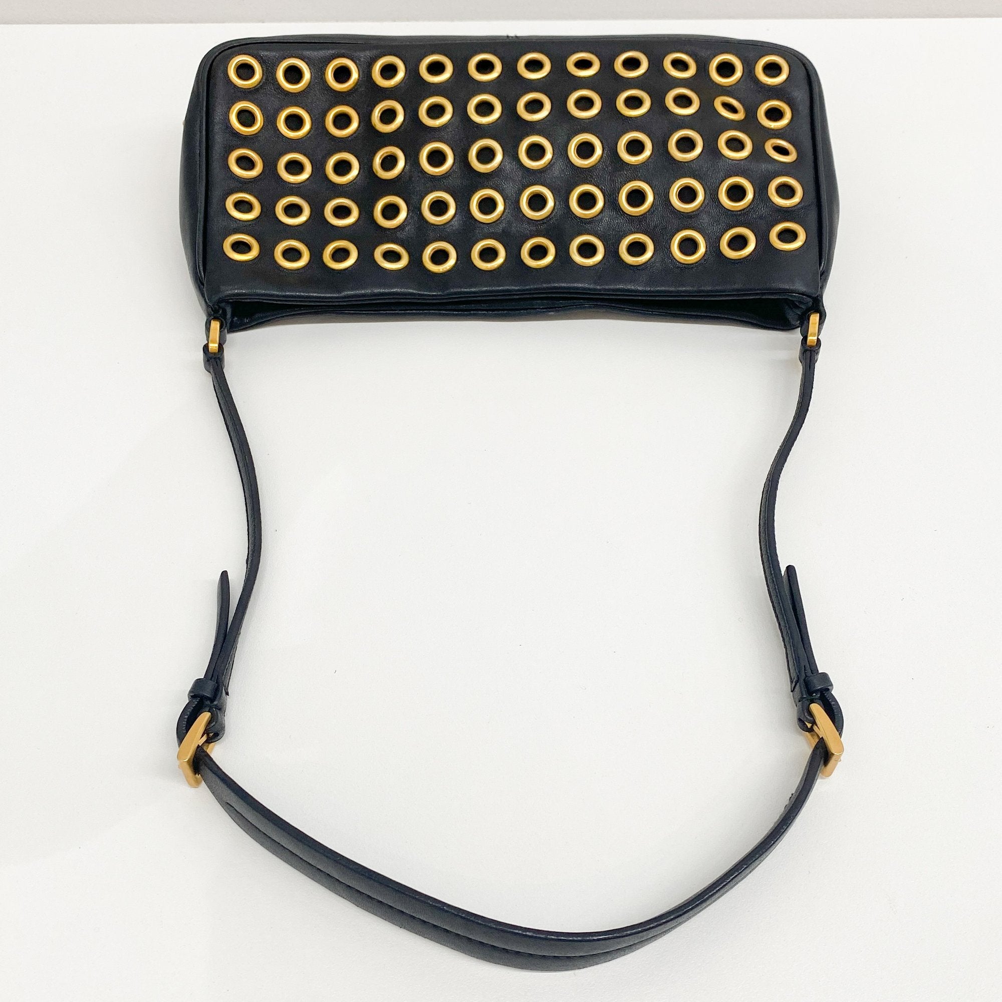 Eyelet Studs Black Leather Shoulder Bag