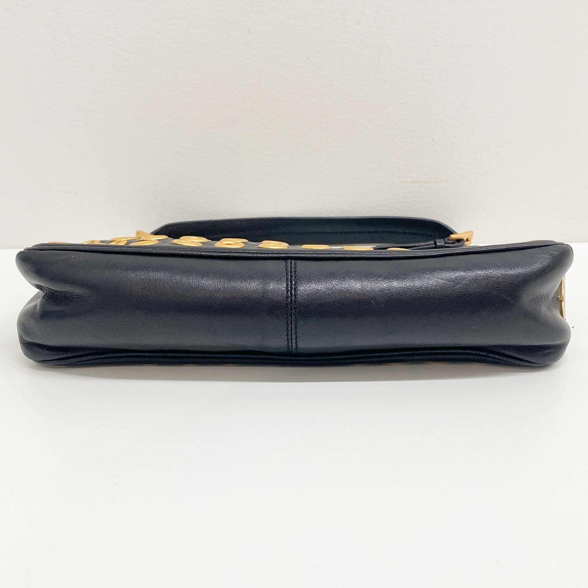 Eyelet Studs Black Leather Shoulder Bag