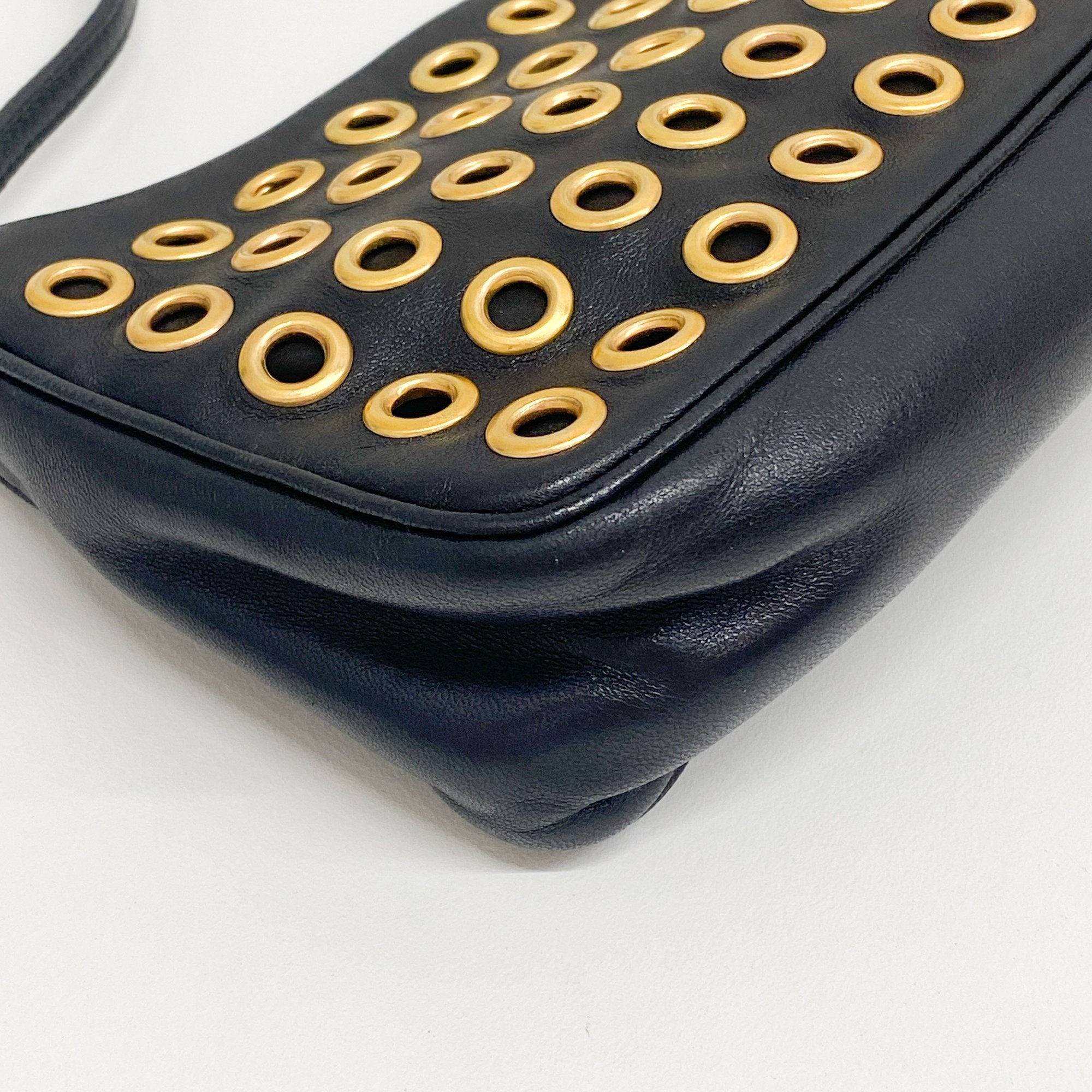 Eyelet Studs Black Leather Shoulder Bag