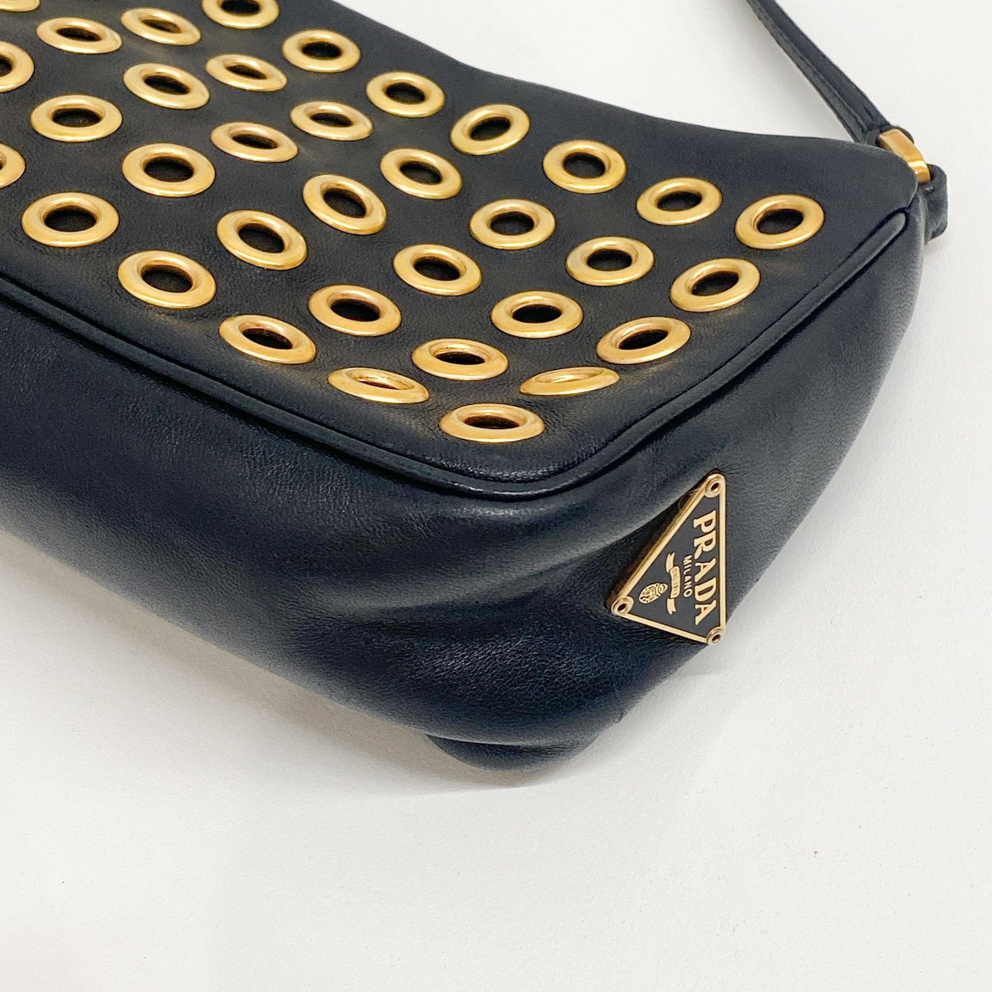 Eyelet Studs Black Leather Shoulder Bag