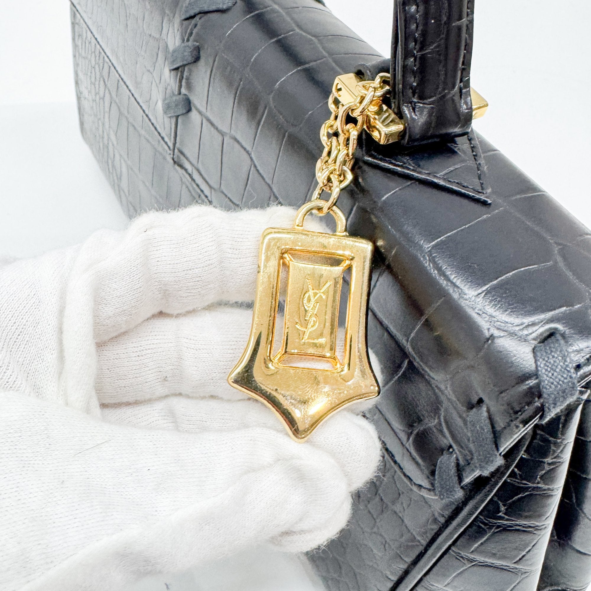 Black Croc Embossed Leather Hand Bag