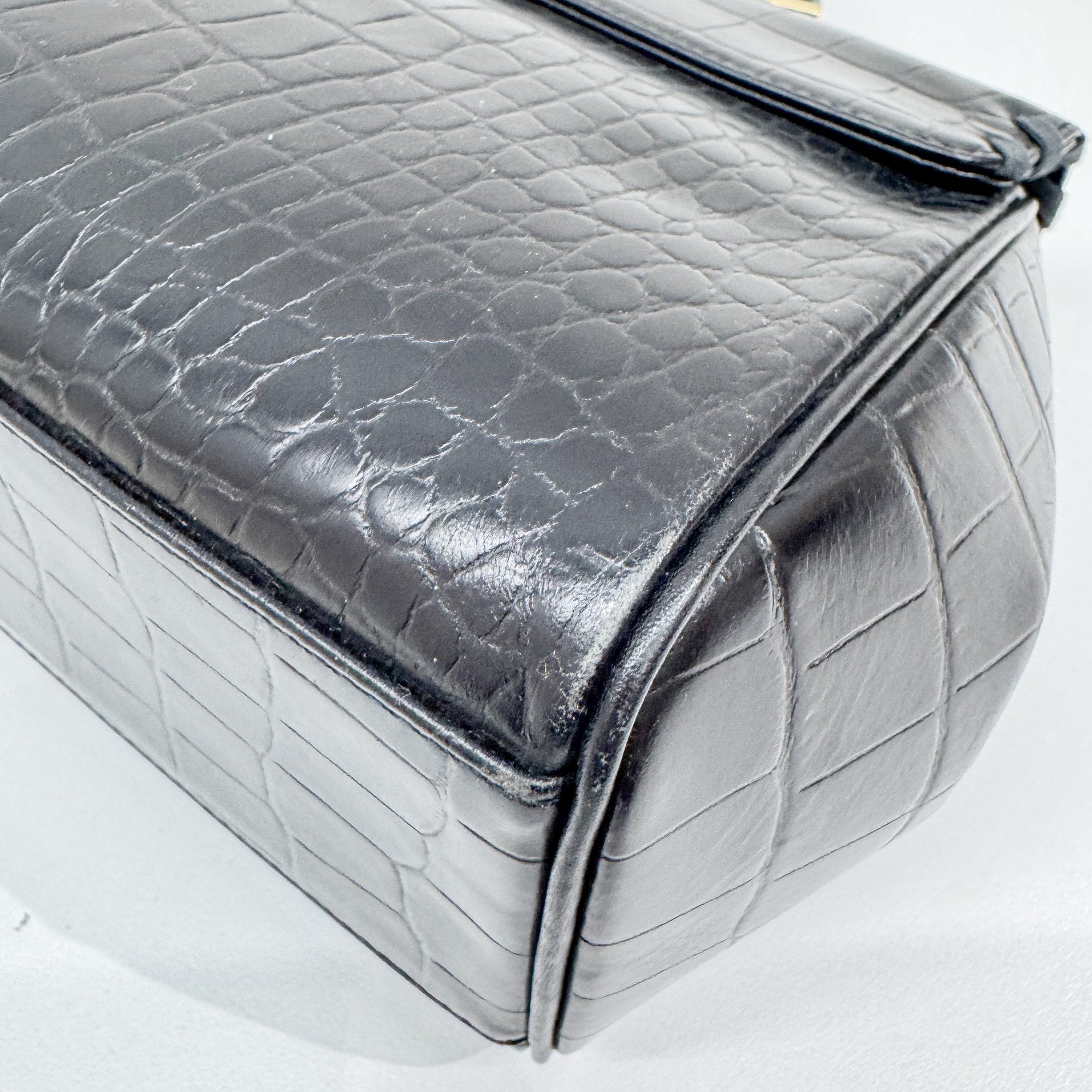 Black Croc Embossed Leather Hand Bag