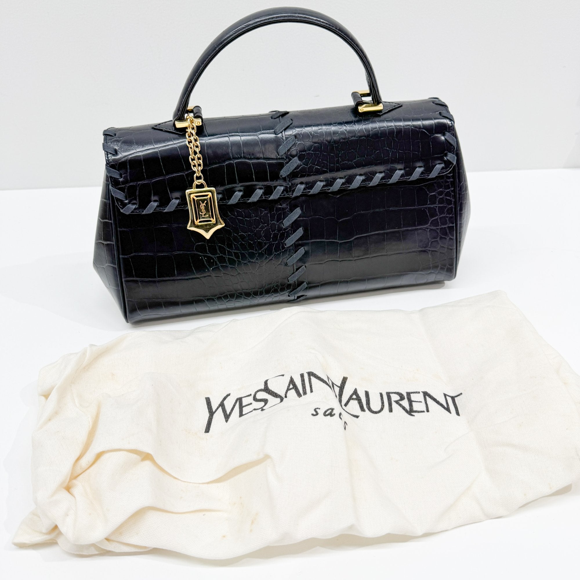 Black Croc Embossed Leather Hand Bag