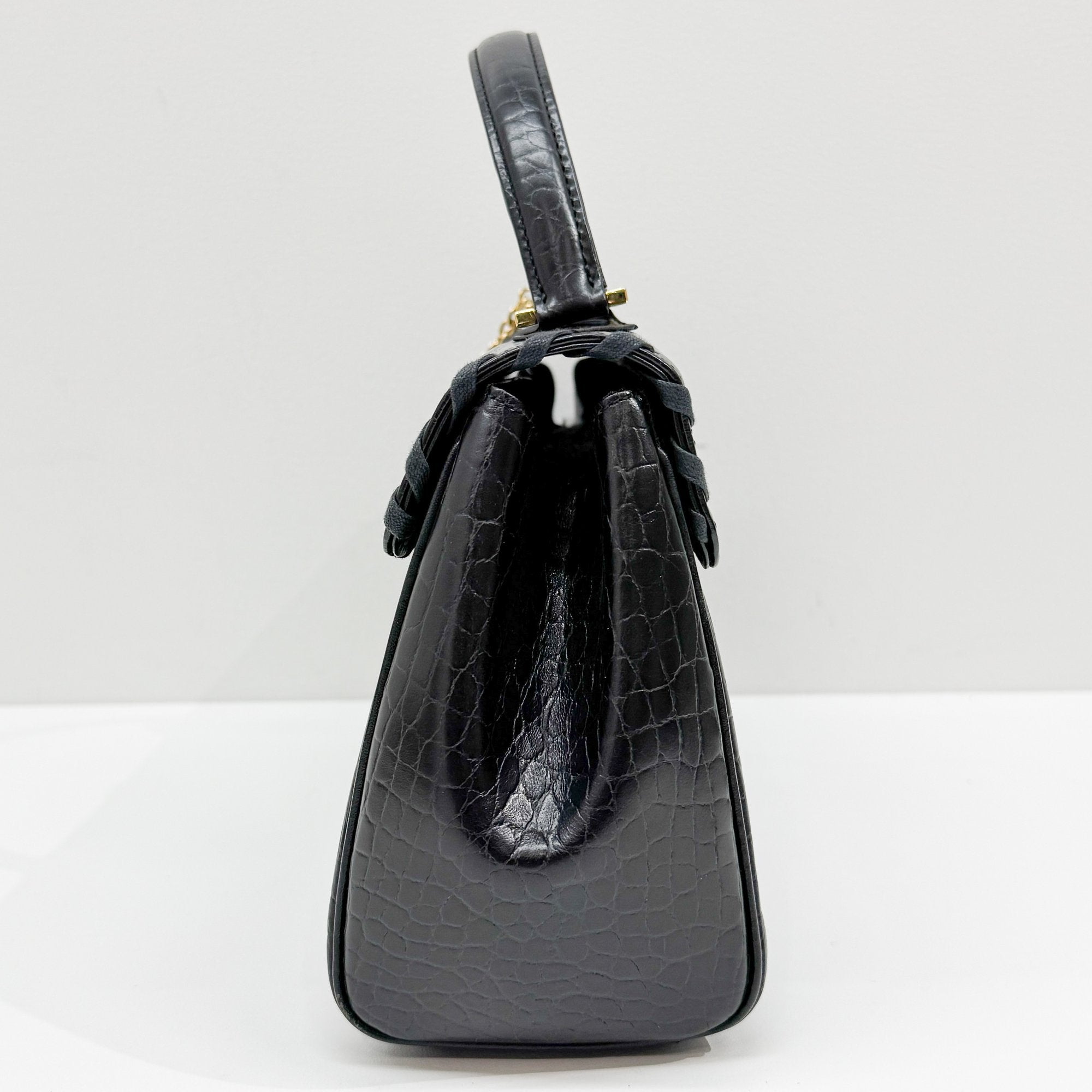 Black Croc Embossed Leather Hand Bag