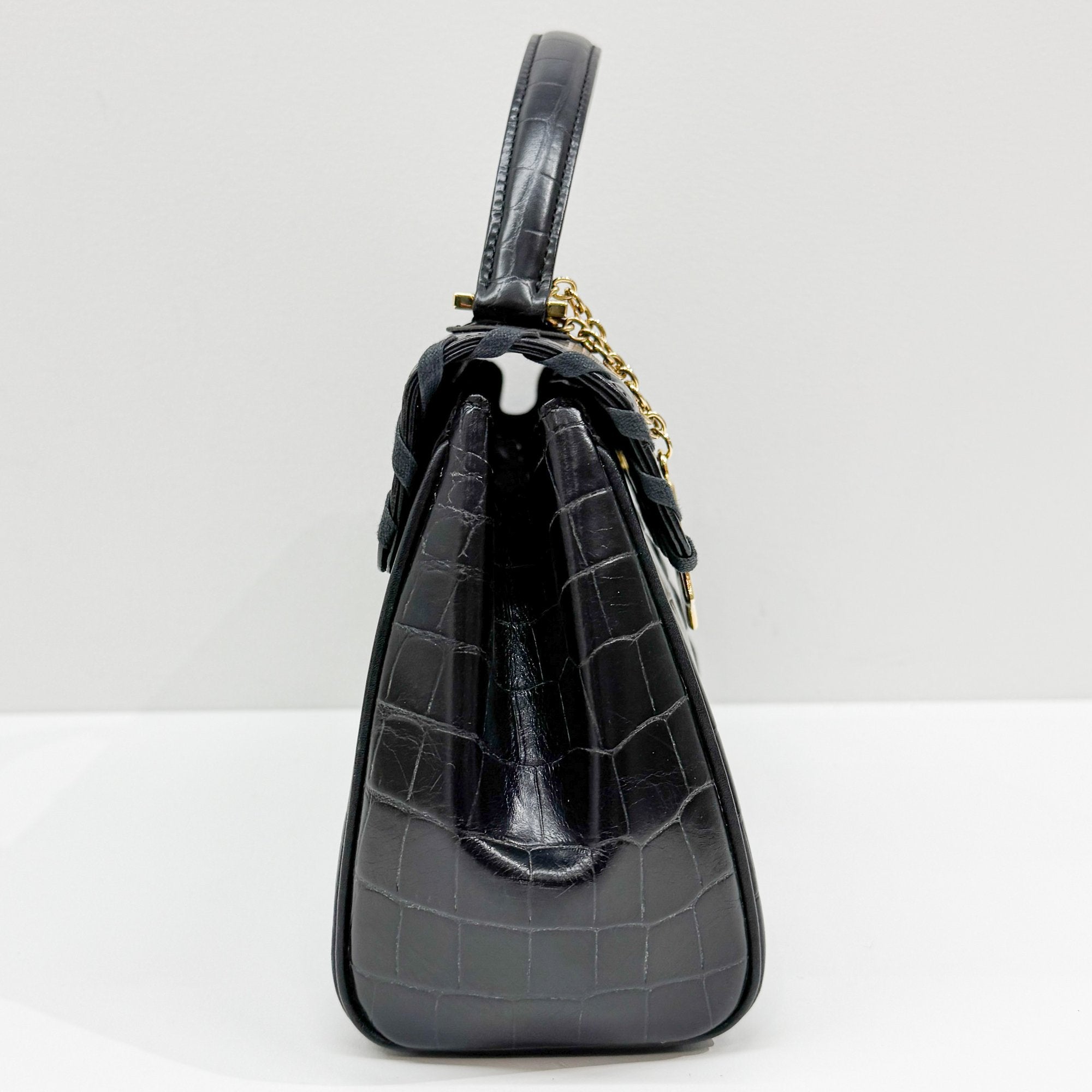 Black Croc Embossed Leather Hand Bag