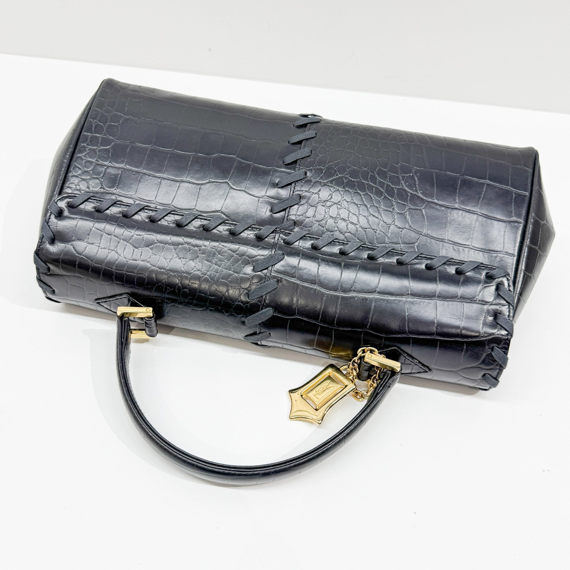 Black Croc Embossed Leather Hand Bag