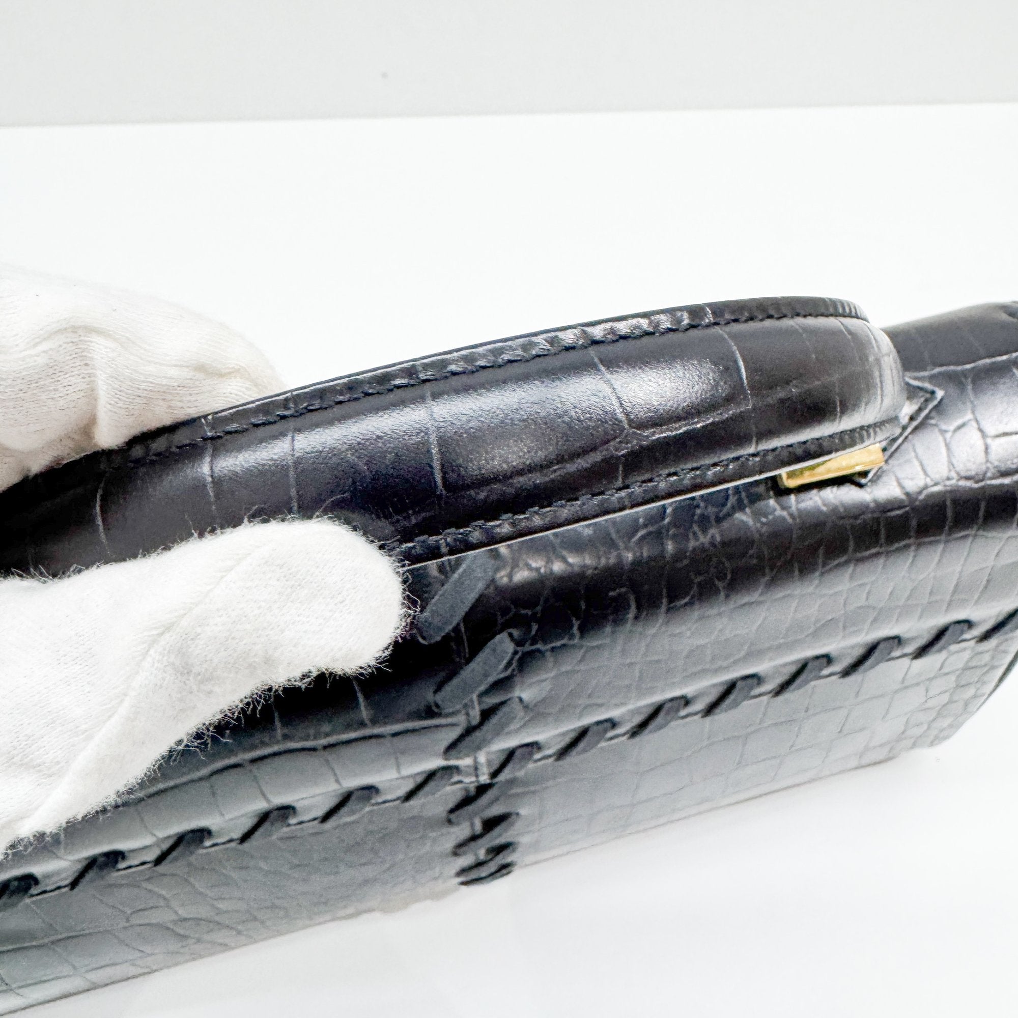 Black Croc Embossed Leather Hand Bag