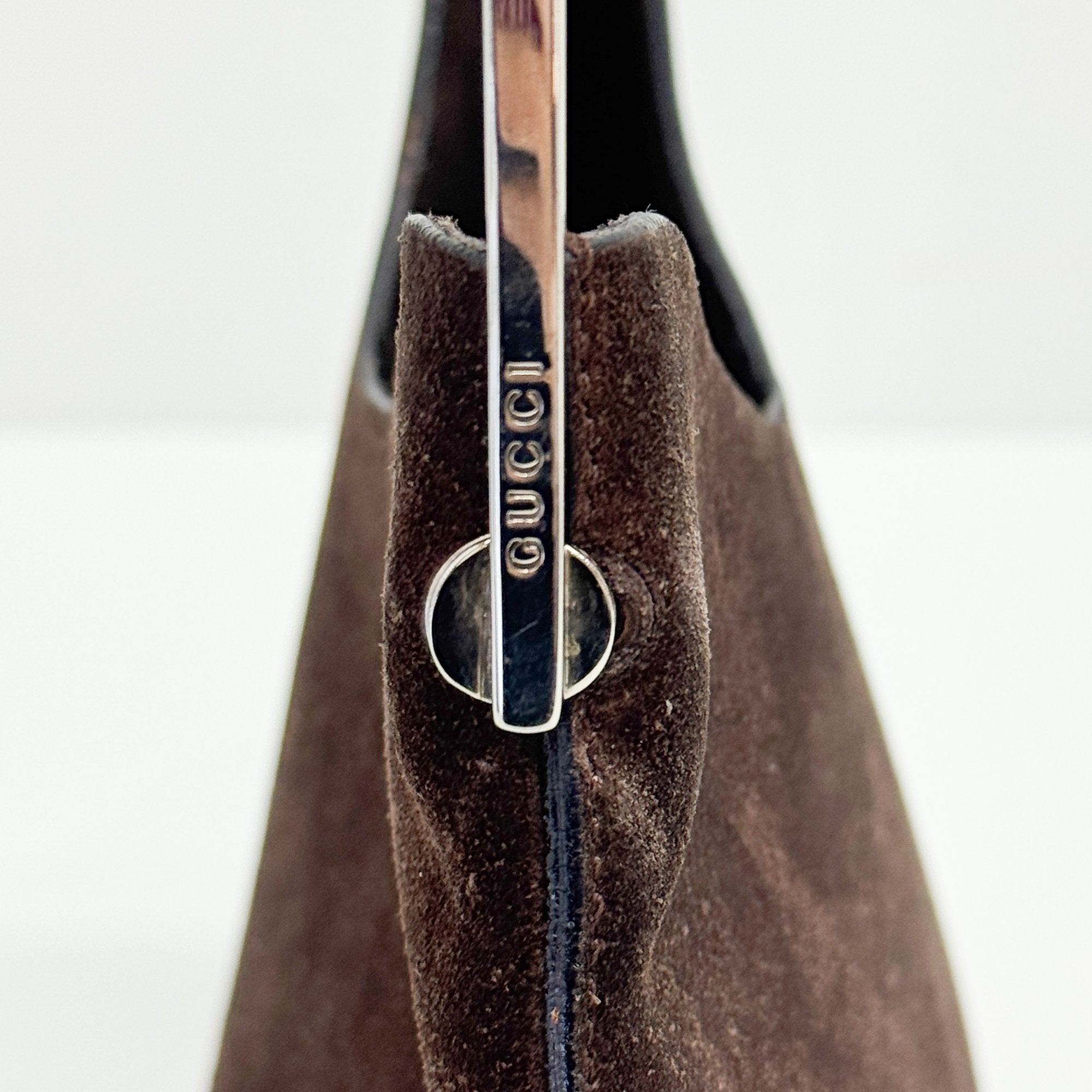 Metal Handle Brown Suede Shoulder Bag