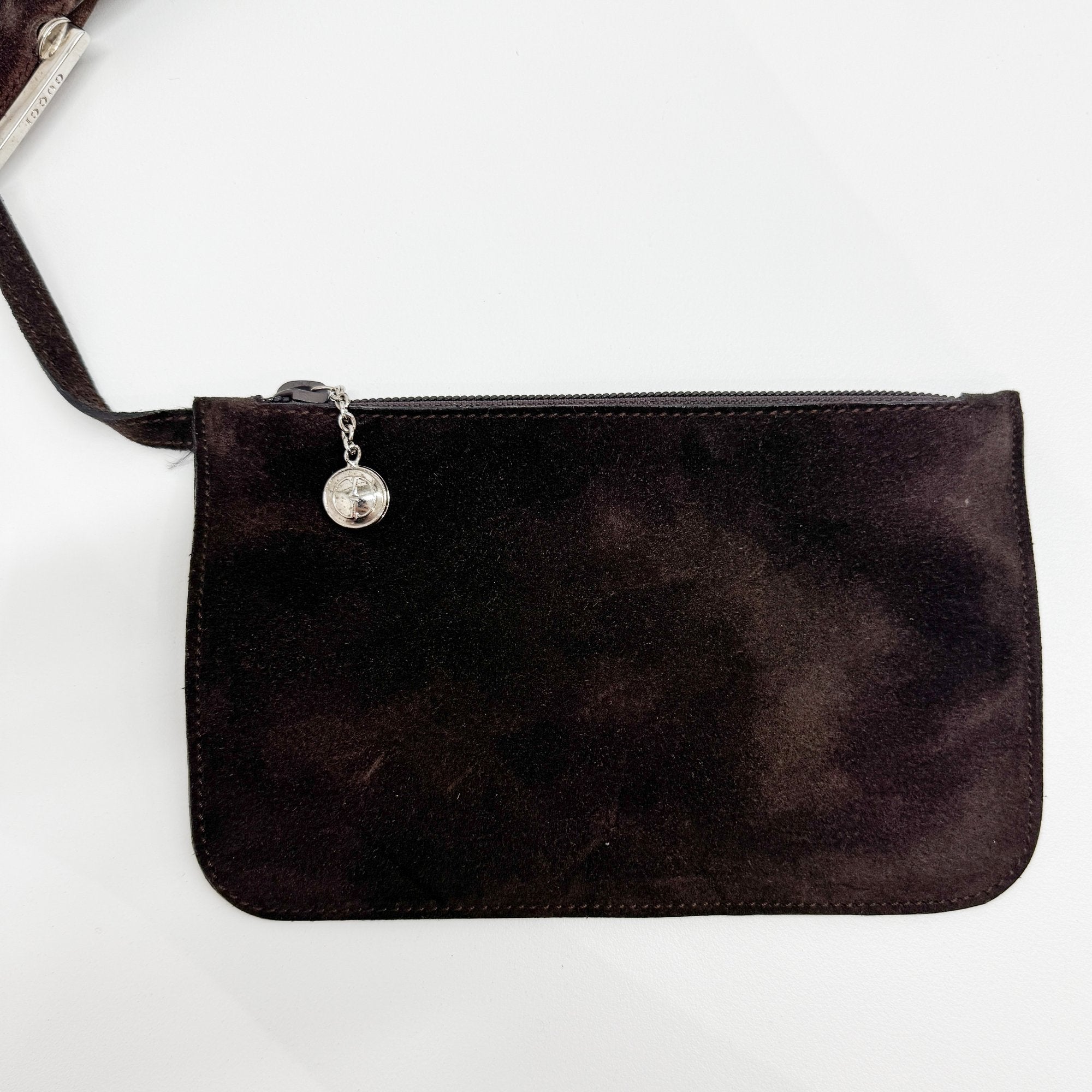 Metal Handle Brown Suede Shoulder Bag