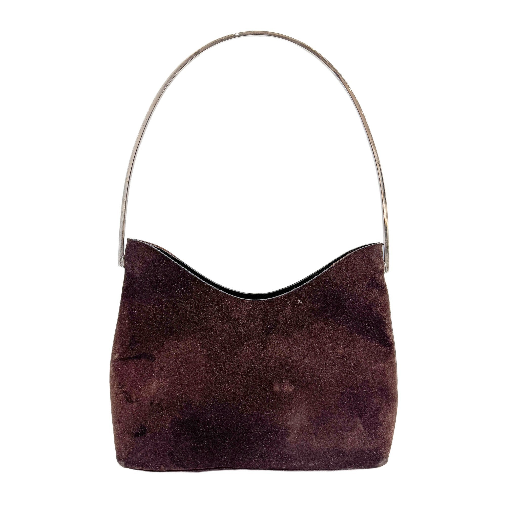 Metal Handle Brown Suede Shoulder Bag