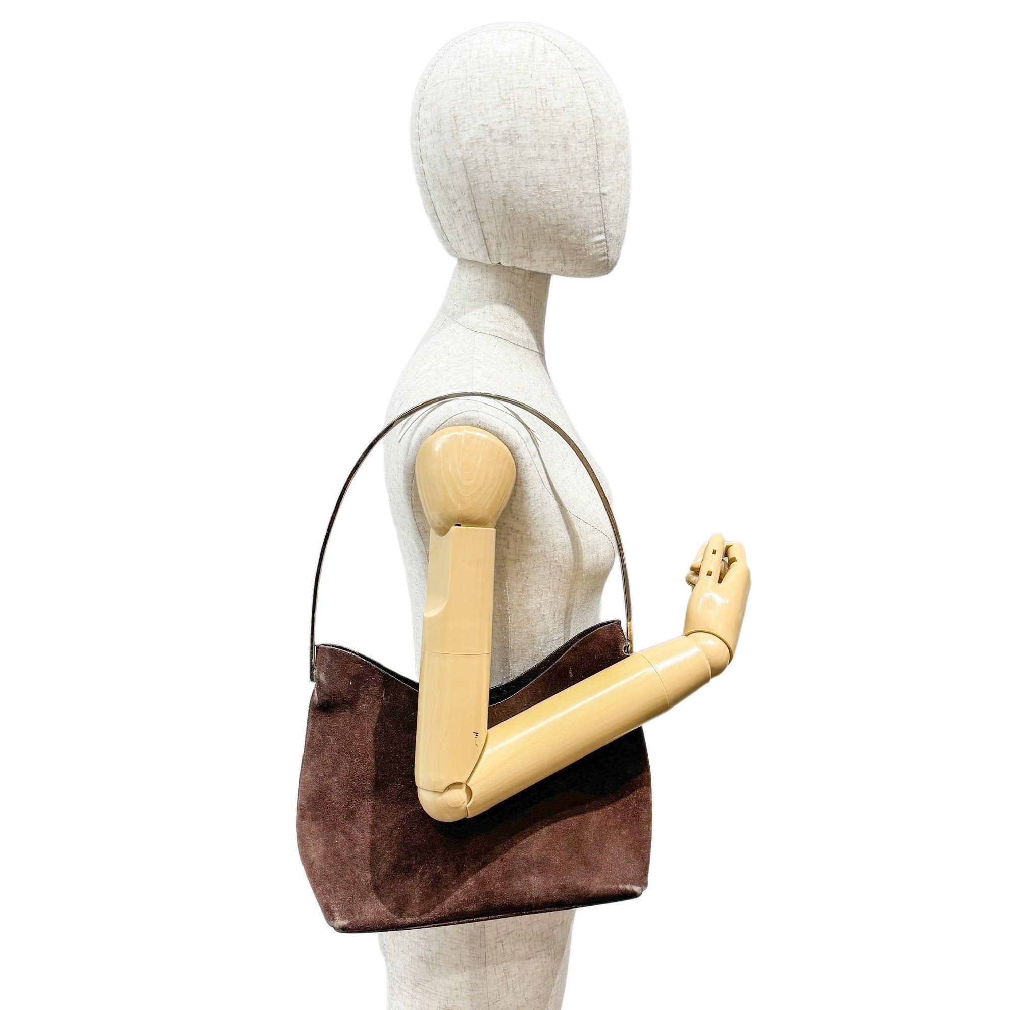 Metal Handle Brown Suede Shoulder Bag