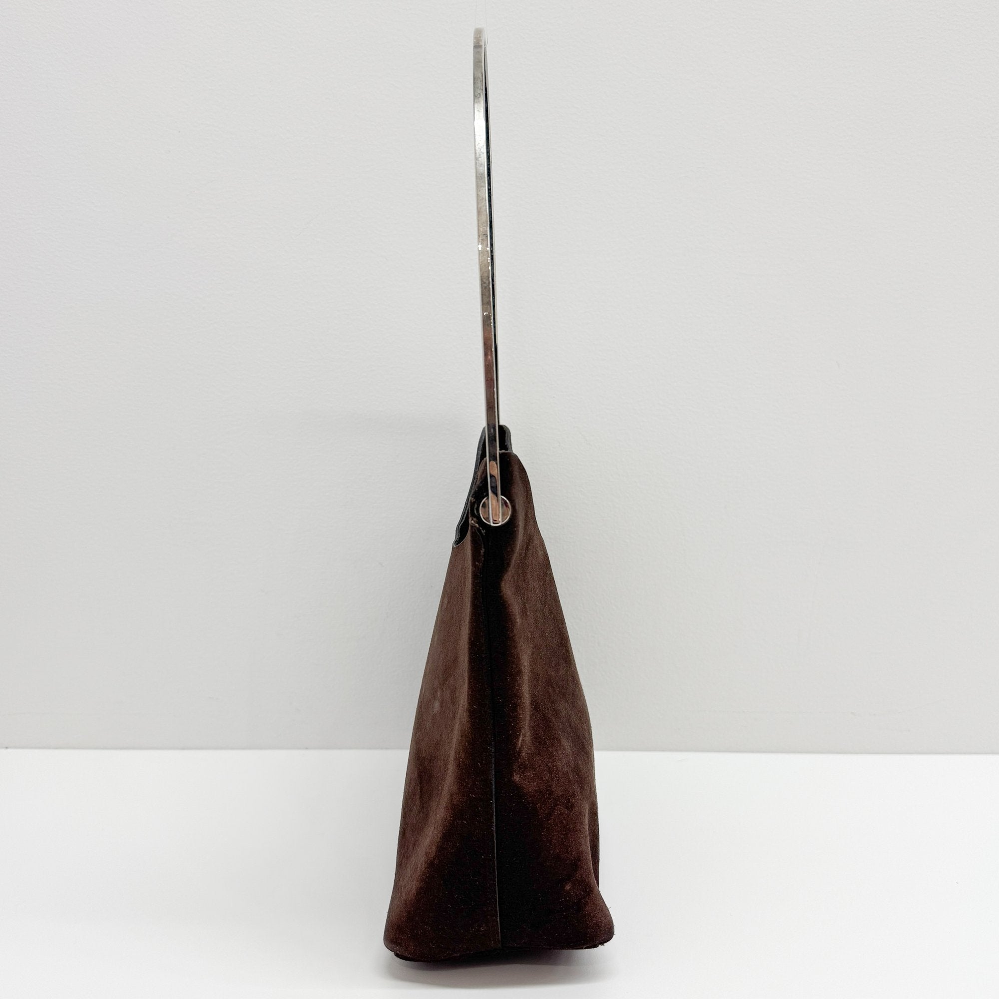 Metal Handle Brown Suede Shoulder Bag