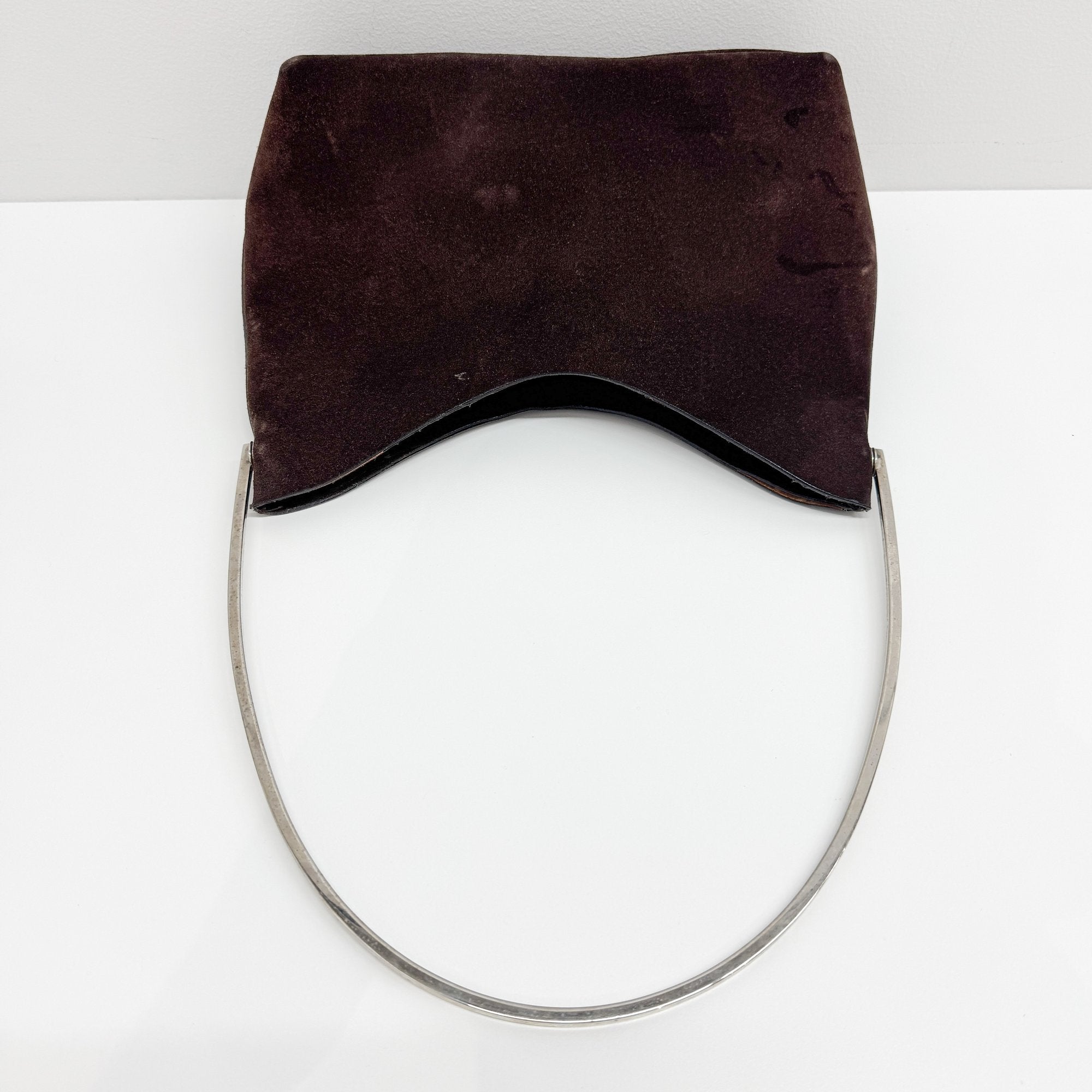 Metal Handle Brown Suede Shoulder Bag