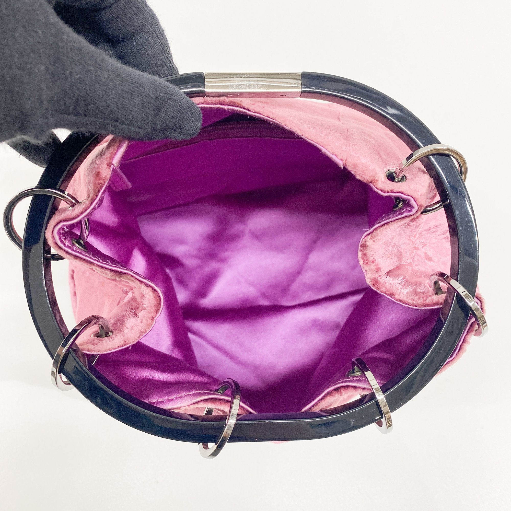 Pink Velvet Ring Handle Bucket Handbag
